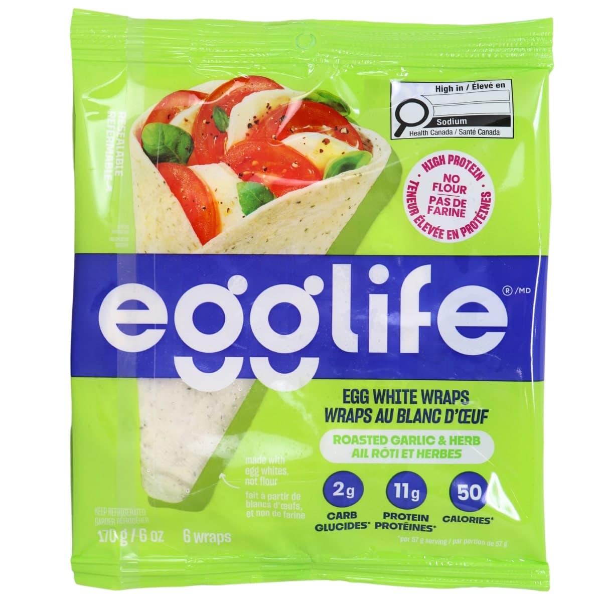 Egglife 7” Flourless Egg White Wraps Roasted Garlic and Herb, 6 Wraps