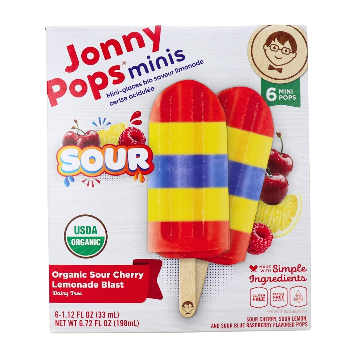 JonnyPops Organic Mini Popsicles Sour Cherry Lemonade Blast, 6 Pack