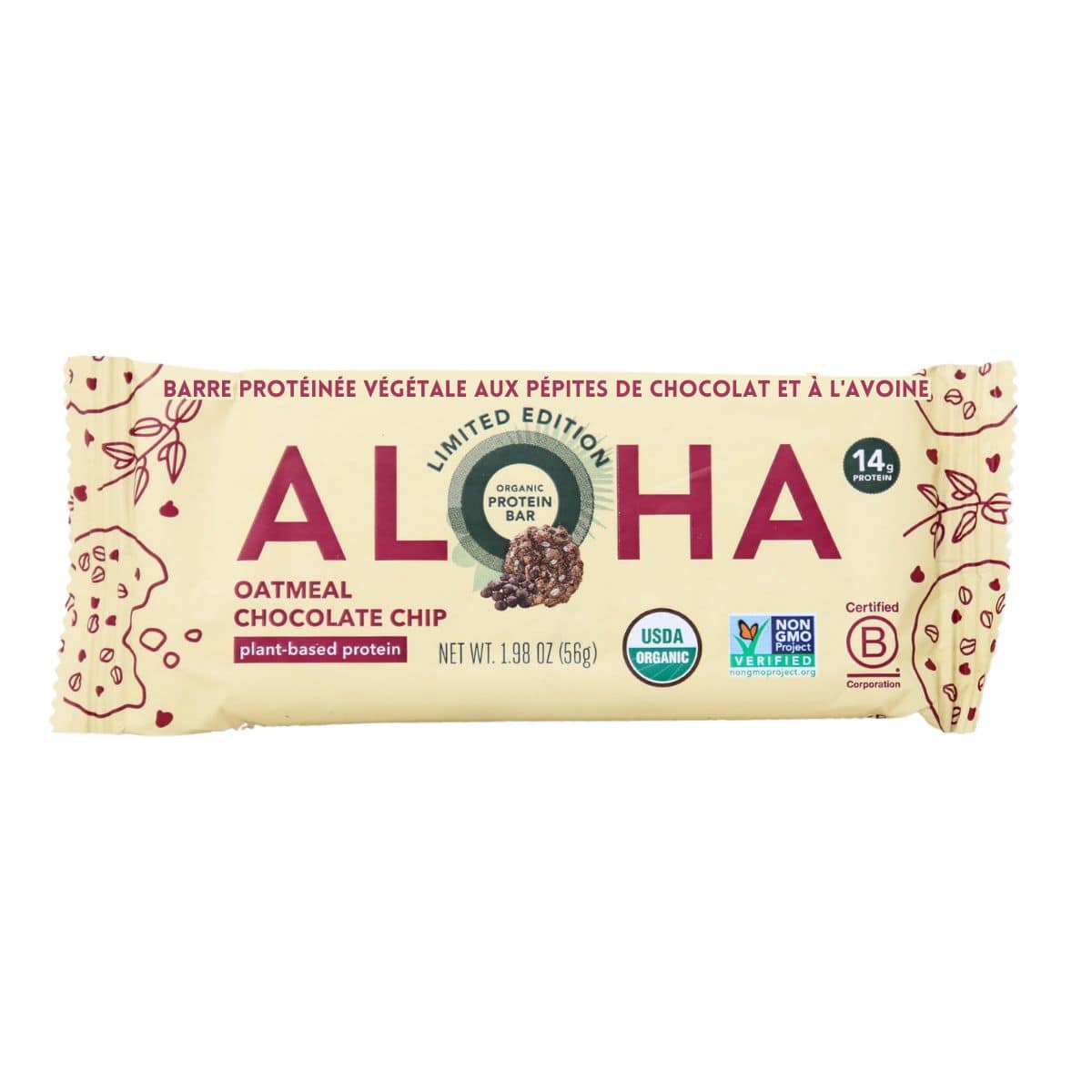 ALOHA Limited Edition Organic Plant-Based Protein Bar Oatmeal Chocolate Chip, 56g