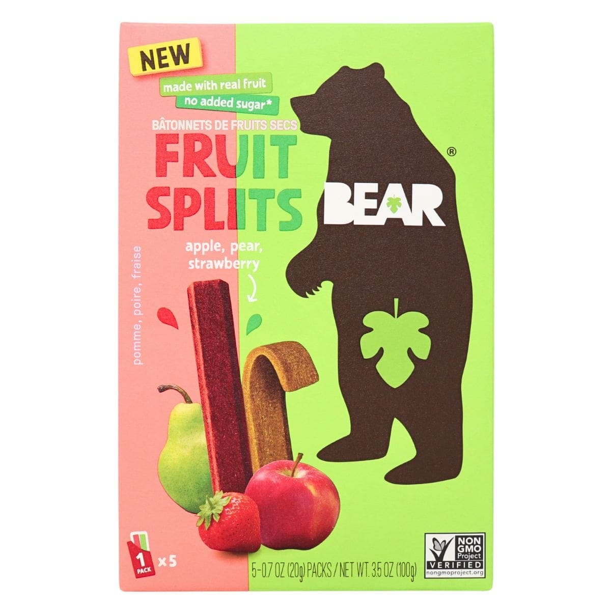 Bear Snacks No Added Sugar Real Fruit Splits Apple Pear Strawberry, 5 Pack