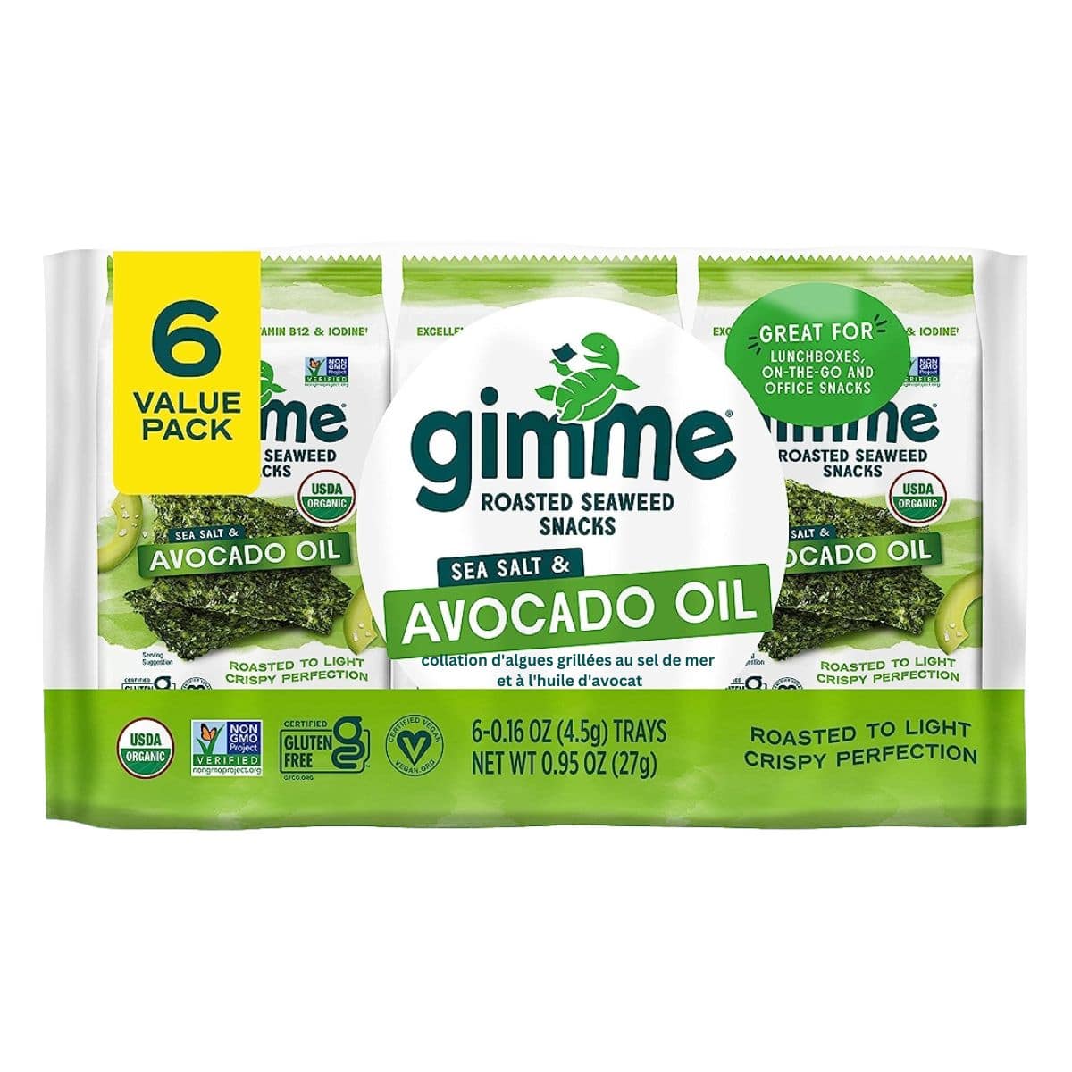 GimMe Organic Roasted Seaweed Snack Value Pack Sea Salt &amp; Avocado Oil, 6 Packs
