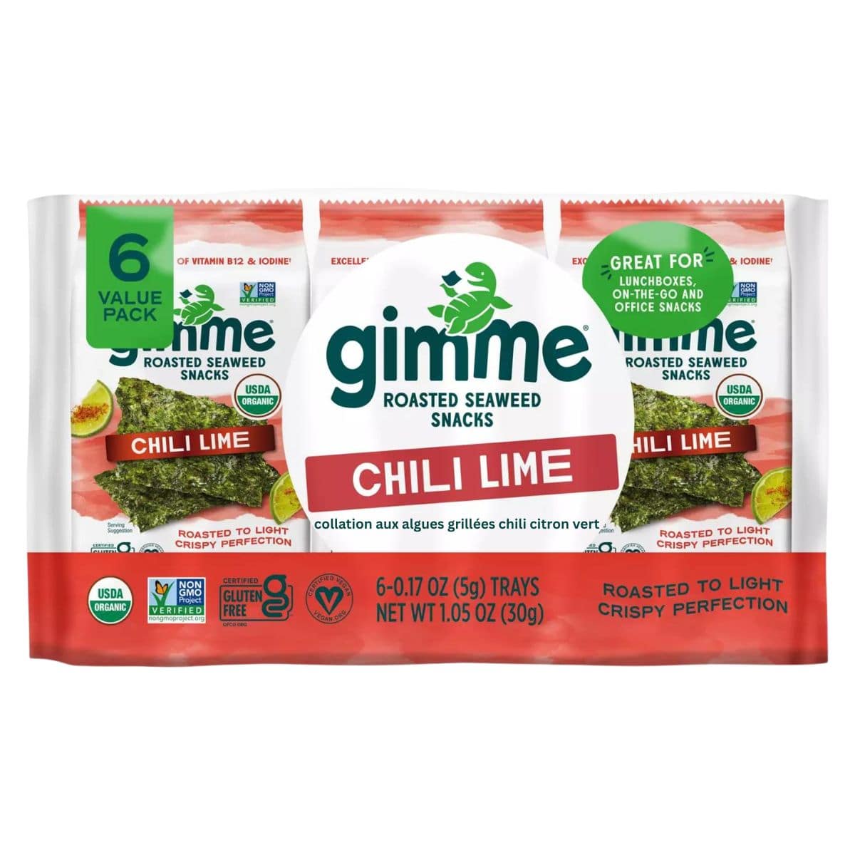 GimMe Organic Roasted Seaweed Snack Value Pack Chili Lime, 6 Packs