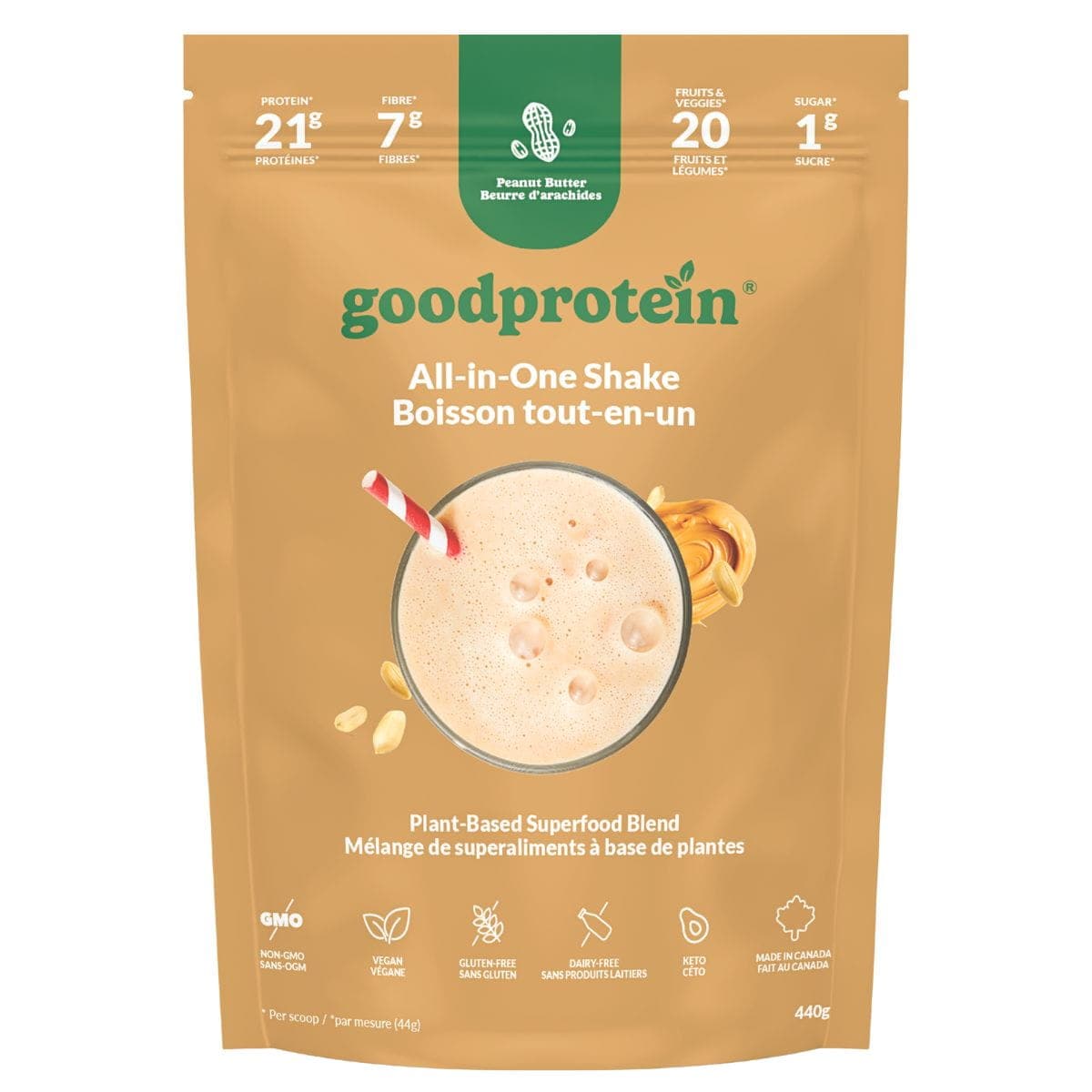 Good Protein All-In-One Shake Plant-Based Superfood Blend Peanut Butter, 440g