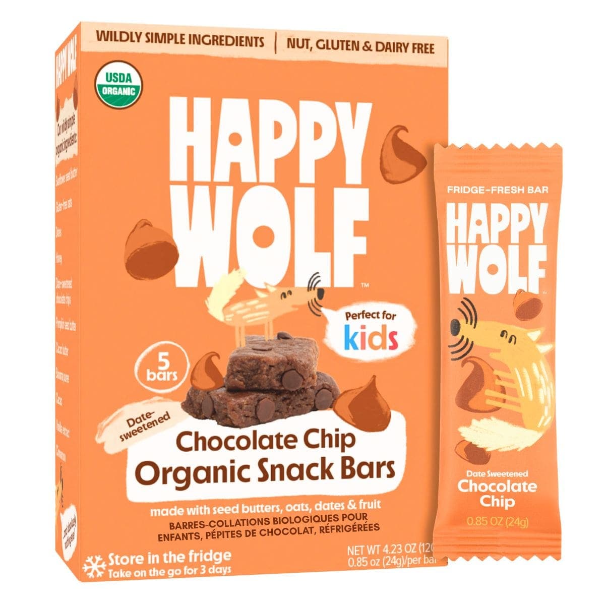 Happy Wolf Organic Kids Refrigerated SnackBars Chocolate Chip, 5 Bars