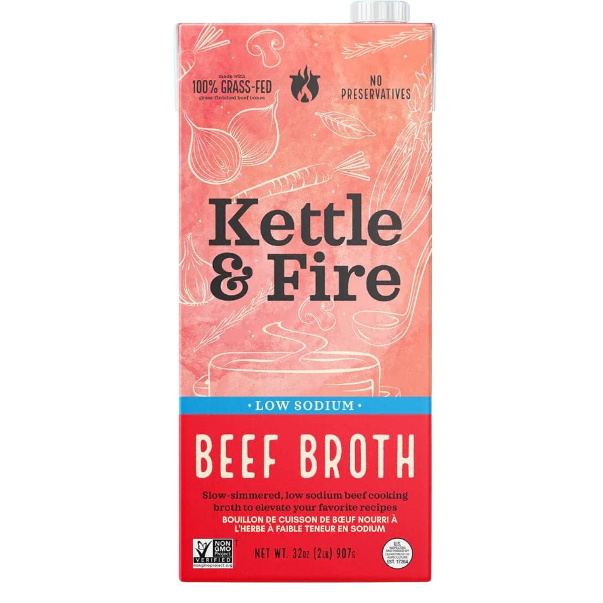 Kettle &amp; Fire Low Sodium 100% Grass-Fed Beef Cooking Broth, 907g
