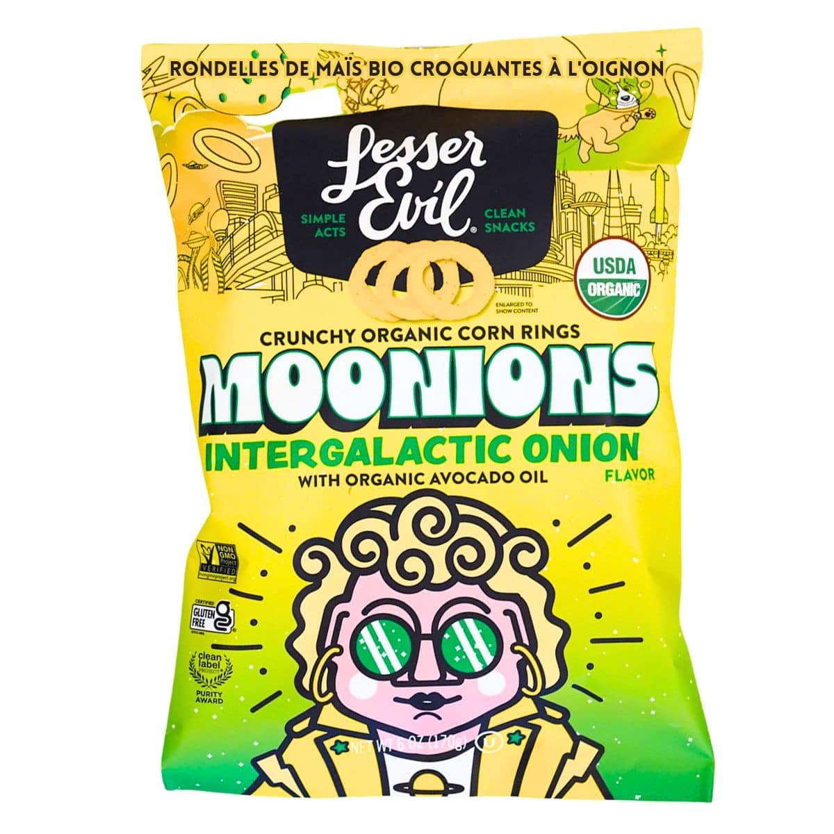 Lesser Evil Moonions Crunchy Organic Corn Rings Intergalactic Onion, 170g