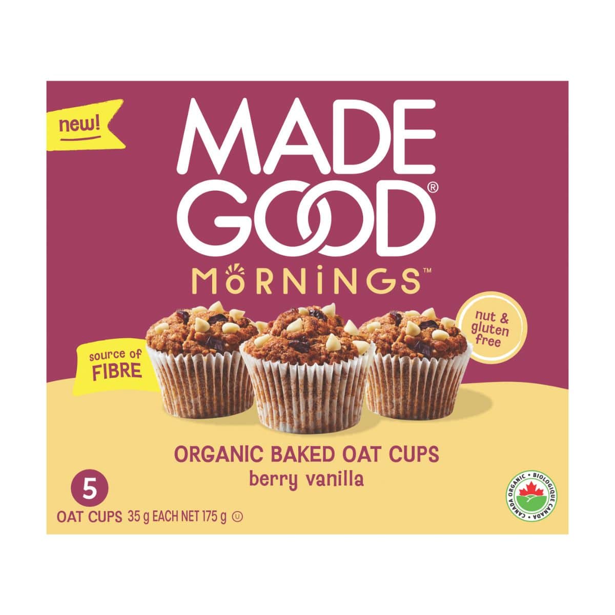 MadeGood Mornings Organic Baked Oat Cups Berry Vanilla, 5 Pack