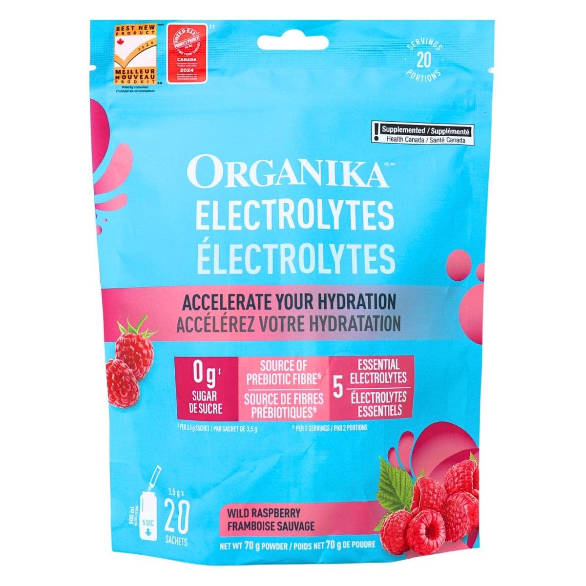 Organika Sugar-Free Electrolytes Powder Wild Raspberry, 20 Sachets