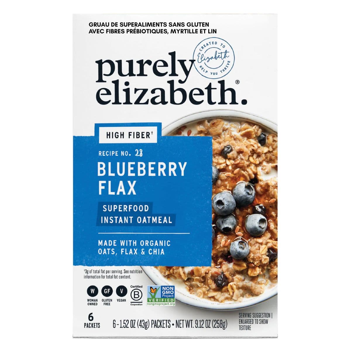 Purely Elizabeth Gluten-Free Superfood Oatmeal With Prebiotic Fiber Blueberry Flax, 6 Packets