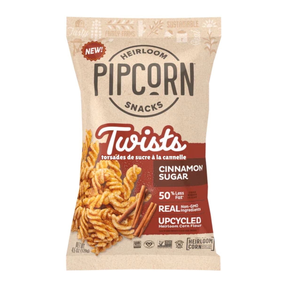 Pipcorn Gluten-Free Heirloom Corn Twists Cinnamon Sugar, 128g