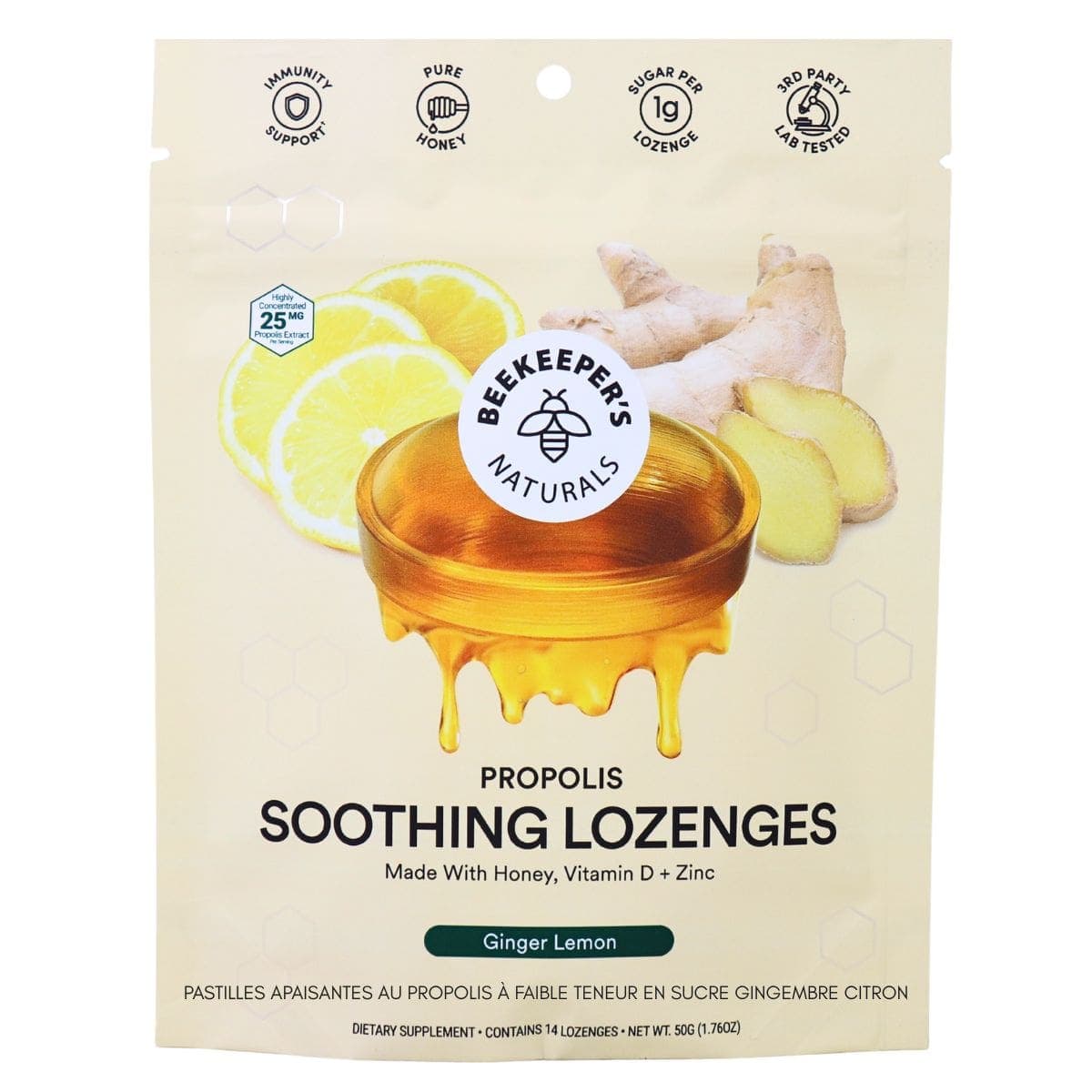 Beekeeper’s Naturals Low Sugar Propolis Soothing Lozenges Ginger Lemon, 14 Pack