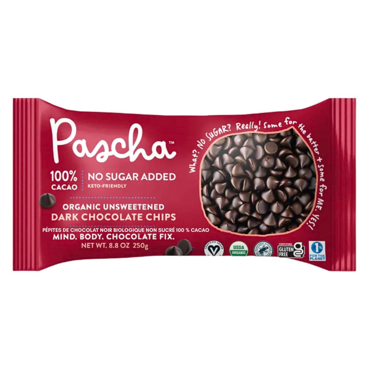 Pascha 100% Cacao Organic Unsweetened Dark Chocolate Chips, 250g