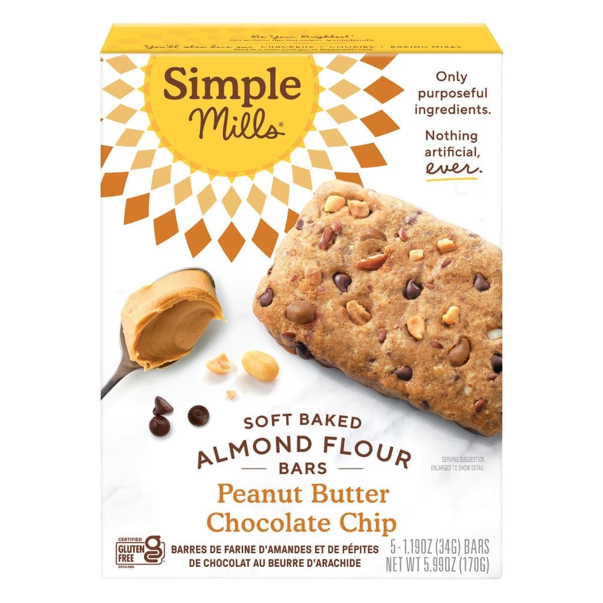 Simple Mills Gluten-Free Soft-Baked Almond Flour Bars Peanut Butter Chocolate Chip, 5 Bars
