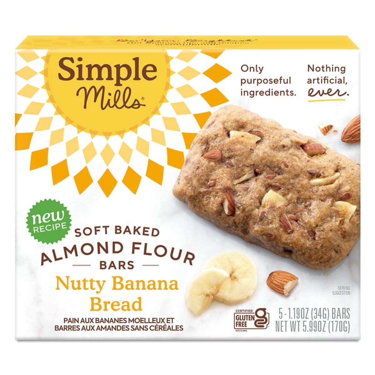 Simple Mills Grain-Free Soft Baked Almond Flour Bars Nutty Banana Bread, 5 Bars