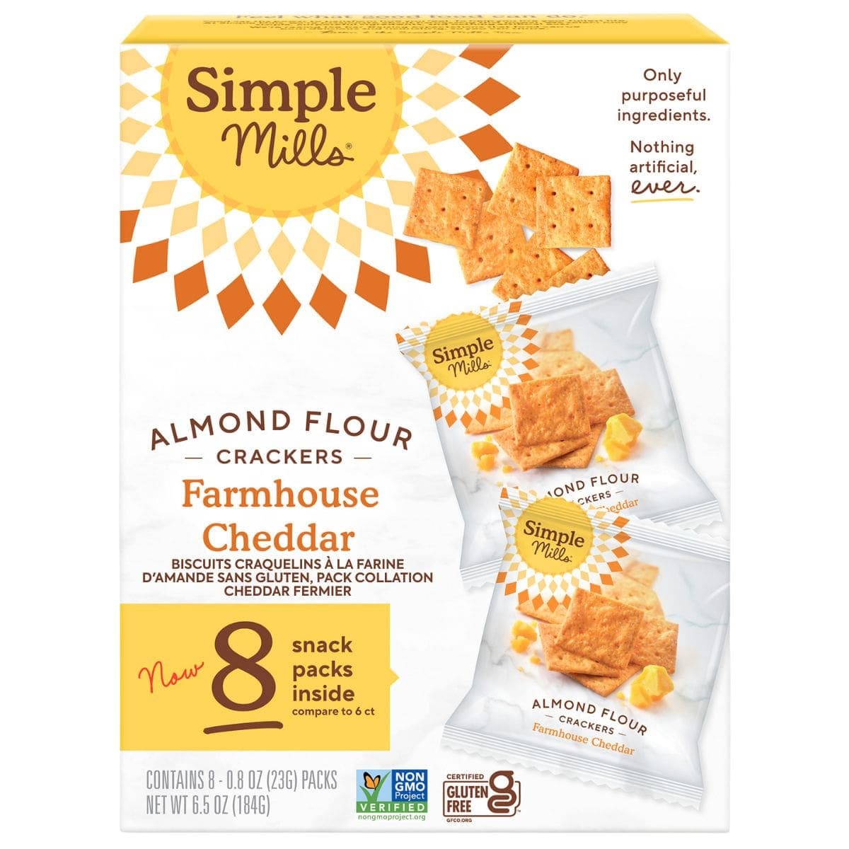 Simple Mills Grain-Free Almond Flour Crackers Farmhouse Cheddar Snack Pack, 8 Packs