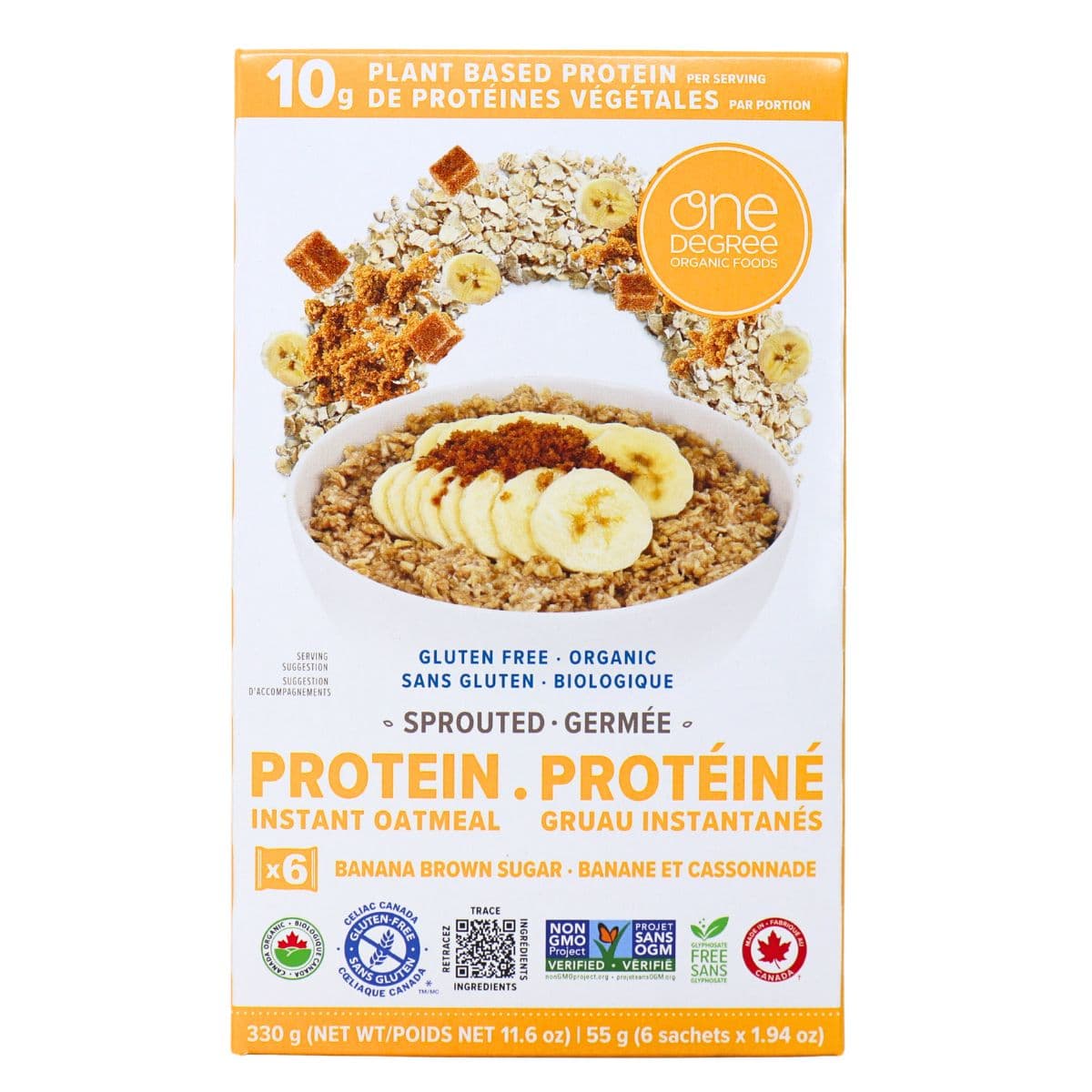 One Degree Organic Foods High-Protein Sprouted Oatmeal Banana Brown Sugar, 330 g