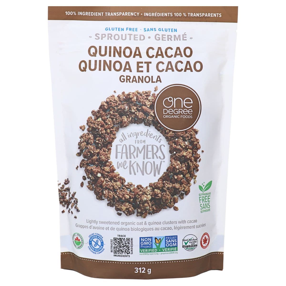 One Degree Organic Foods Gluten-Free Sprouted Granola Quinoa Cacao, 312g