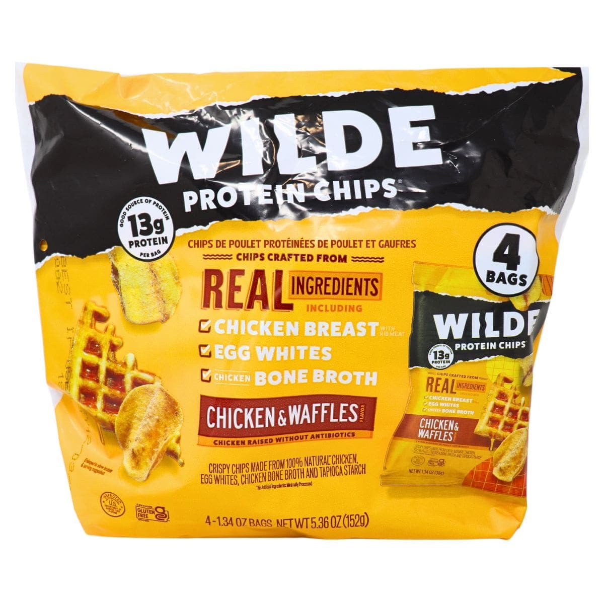 WILDE Protein Chips Snack Packs Chicken &amp; Waffles, 4 Pack