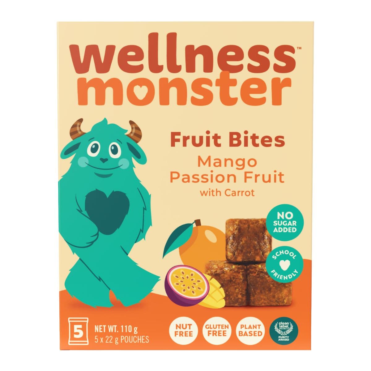 Wellness Monster Fruit Bites Mango Passion Fruit With Carrot, 5 Pouches