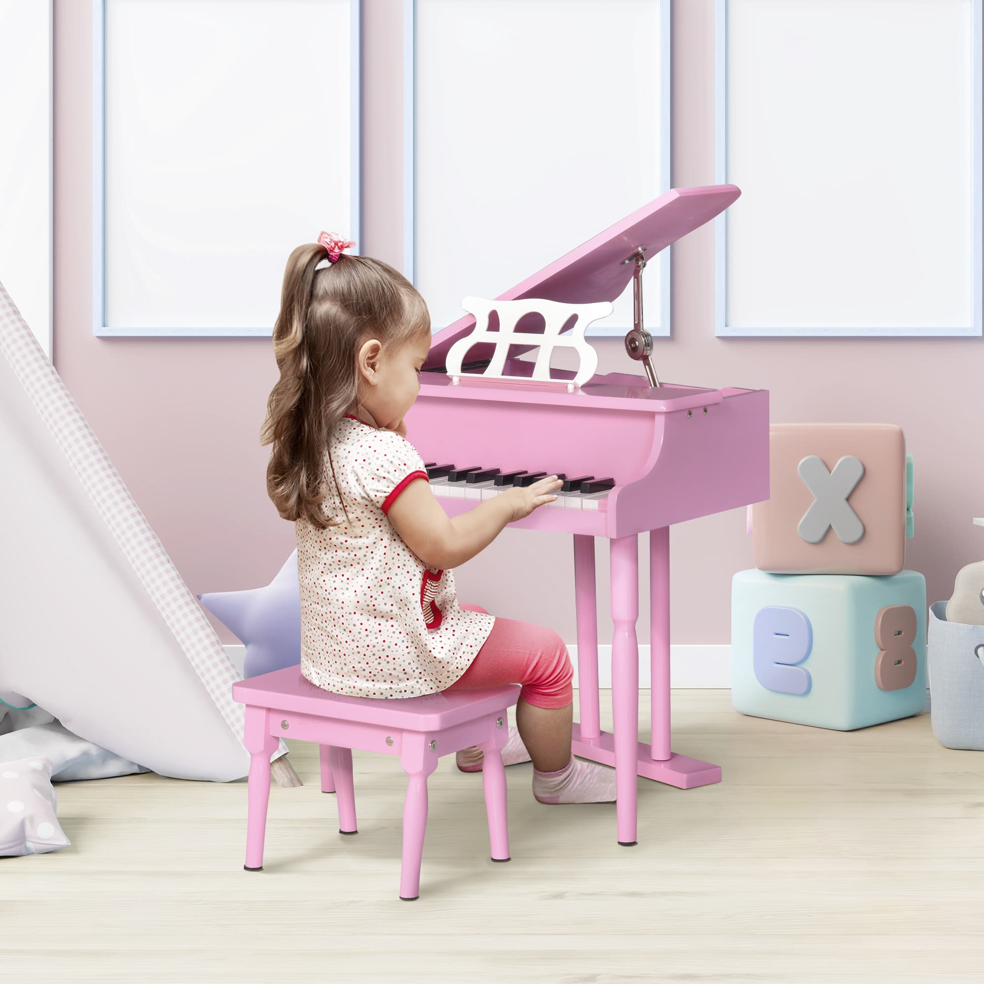 HOMCOM Kids Grand Piano 30 Keys Mini Musical Toy with Music Stand Bench Set of 2 Ideal Gift for Children Pink | Aosom Canada