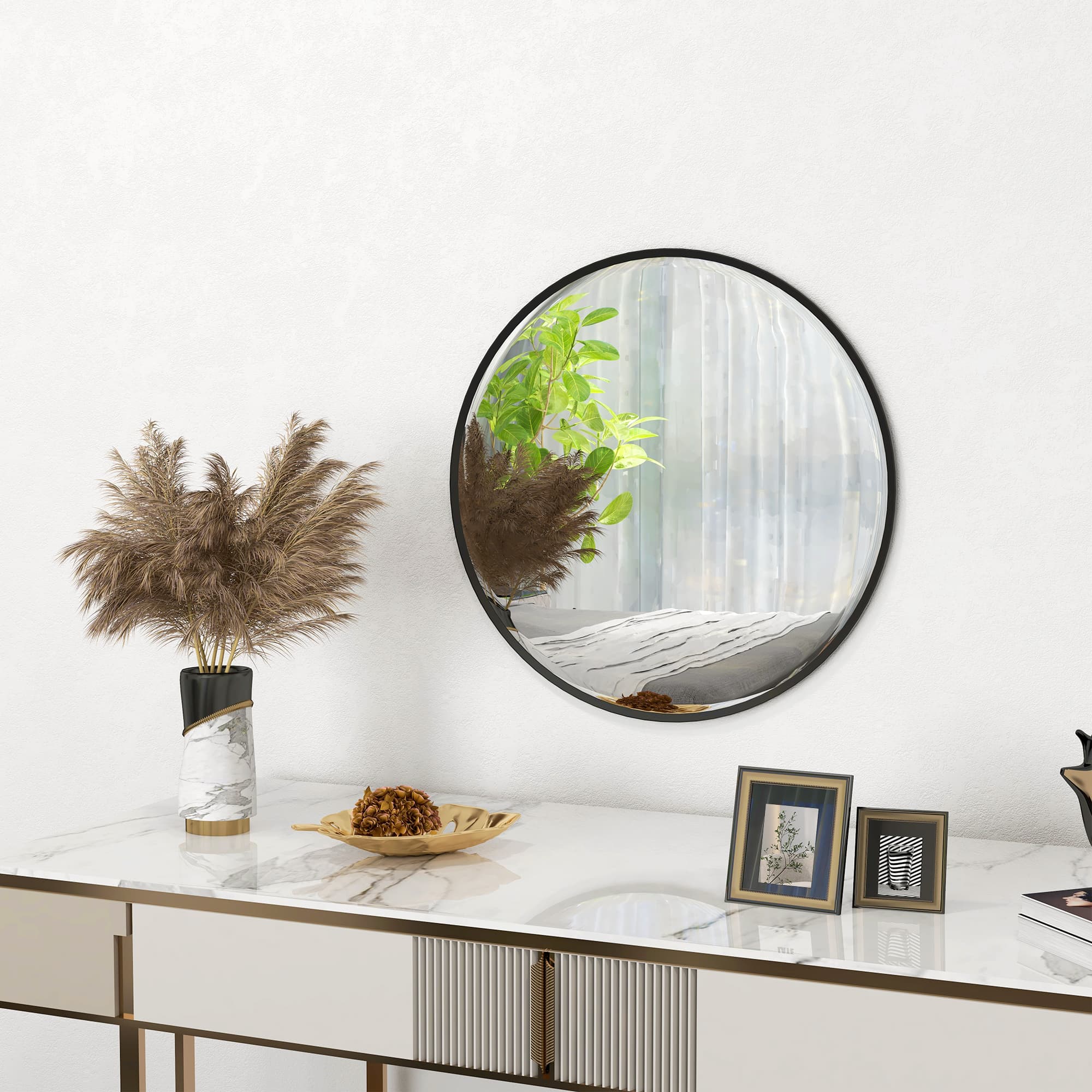 HOMCOM Sleek Round Wall Mirror: 24" Diameter Black Frame for Bedroom, Living Room & Bathroom Decor | Aosom Canada