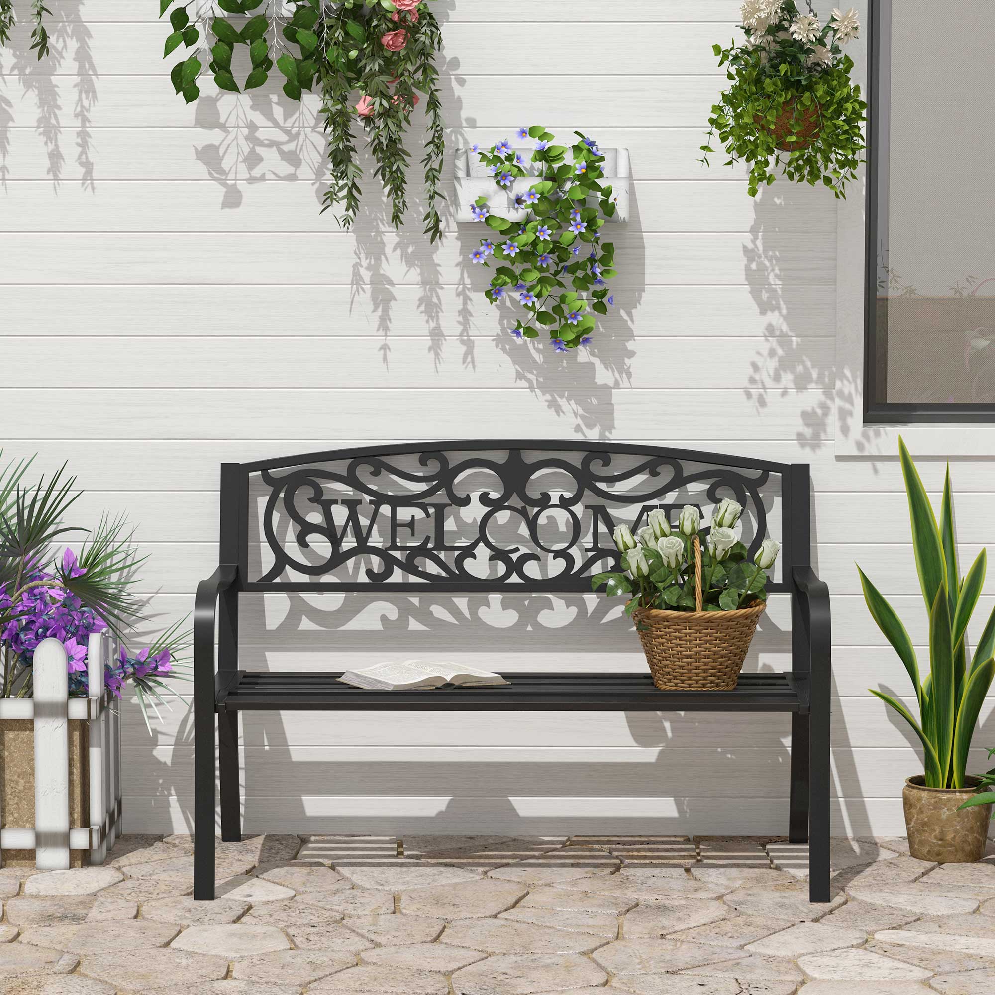 Outsunny Garden Bench 50" 2-Seater Patio Decorative Metal Loveseat Romantic Black | Aosom Canada