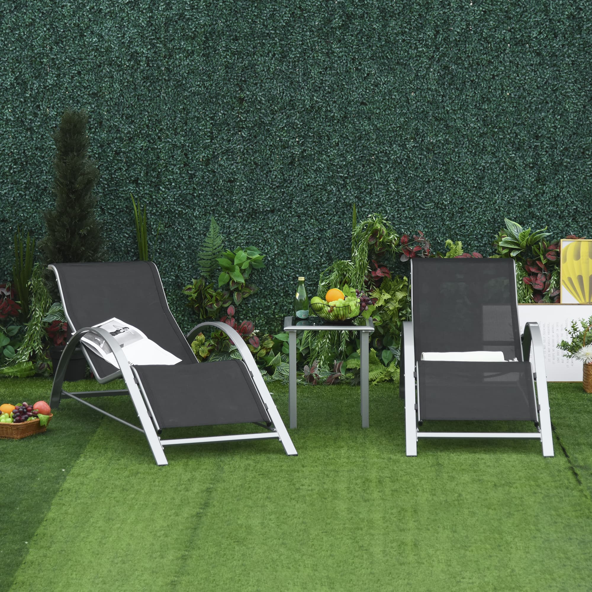 Outsunny 3Pc Patio Lounge Set with 2 S-Shaped Chairs Glass Table Outdoor Seating Black | Aosom Canada