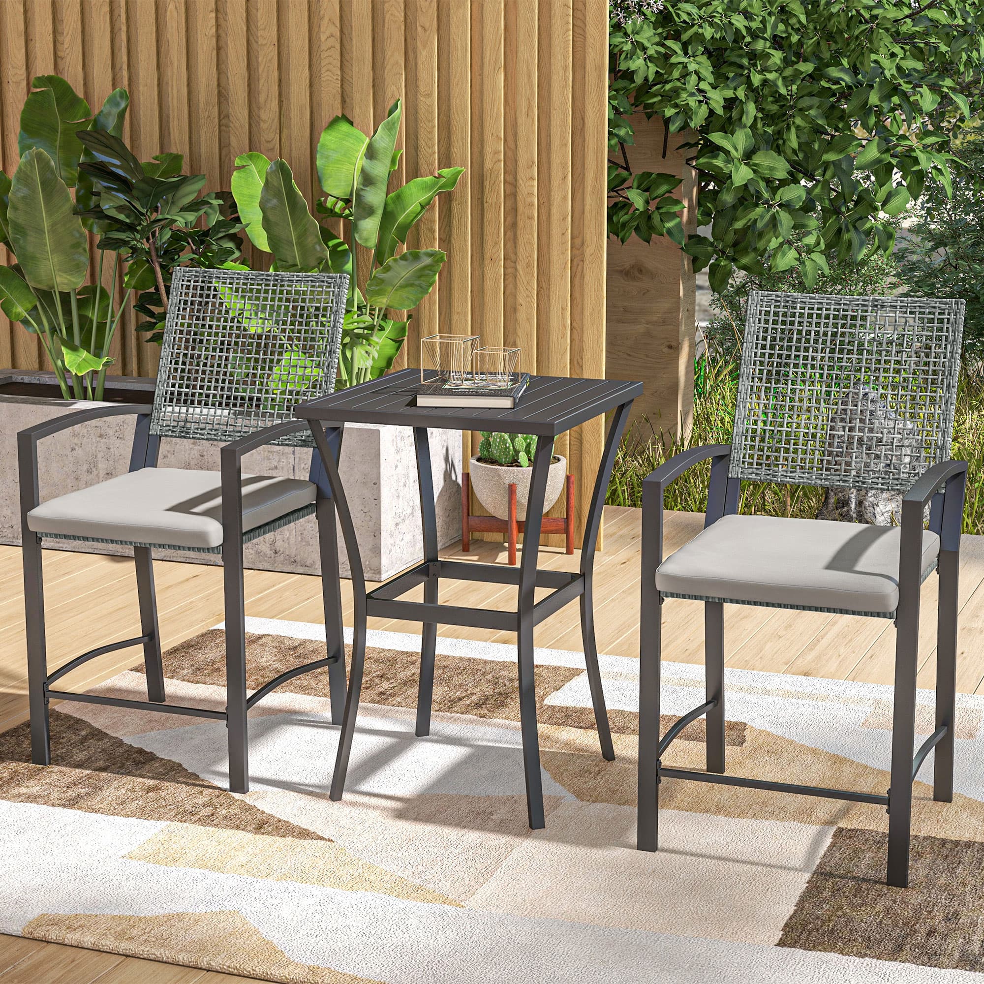 Outsunny Rattan Patio Bar Set 3pc Table Chairs w/ Cushions Outdoor Home Bar Furniture | Aosom Canada