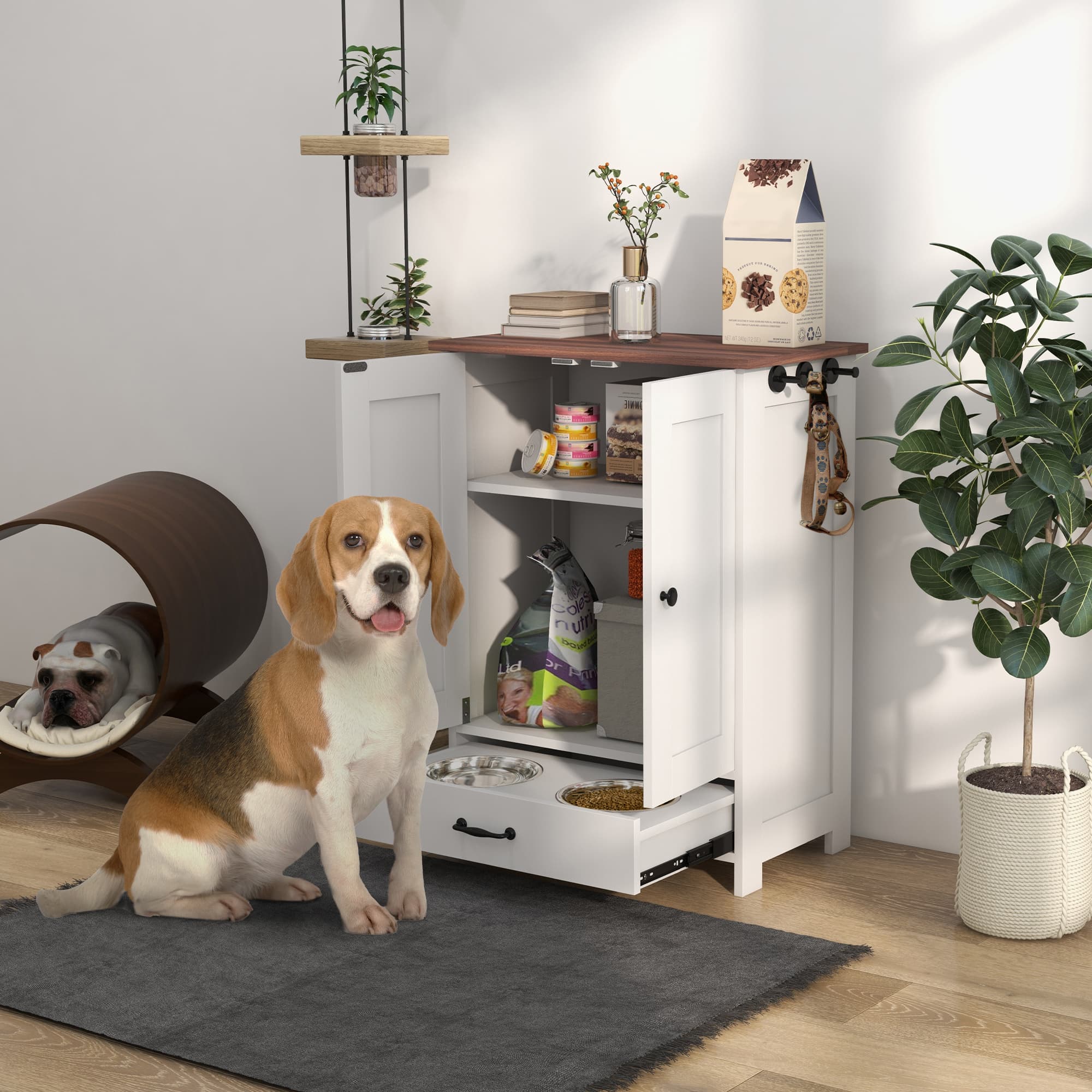 PawHut Pet Food Storage Container Dog Feeding Station w/ Adjustable Panel, Hooks, for Medium Sized Dogs, White | Aosom Canada