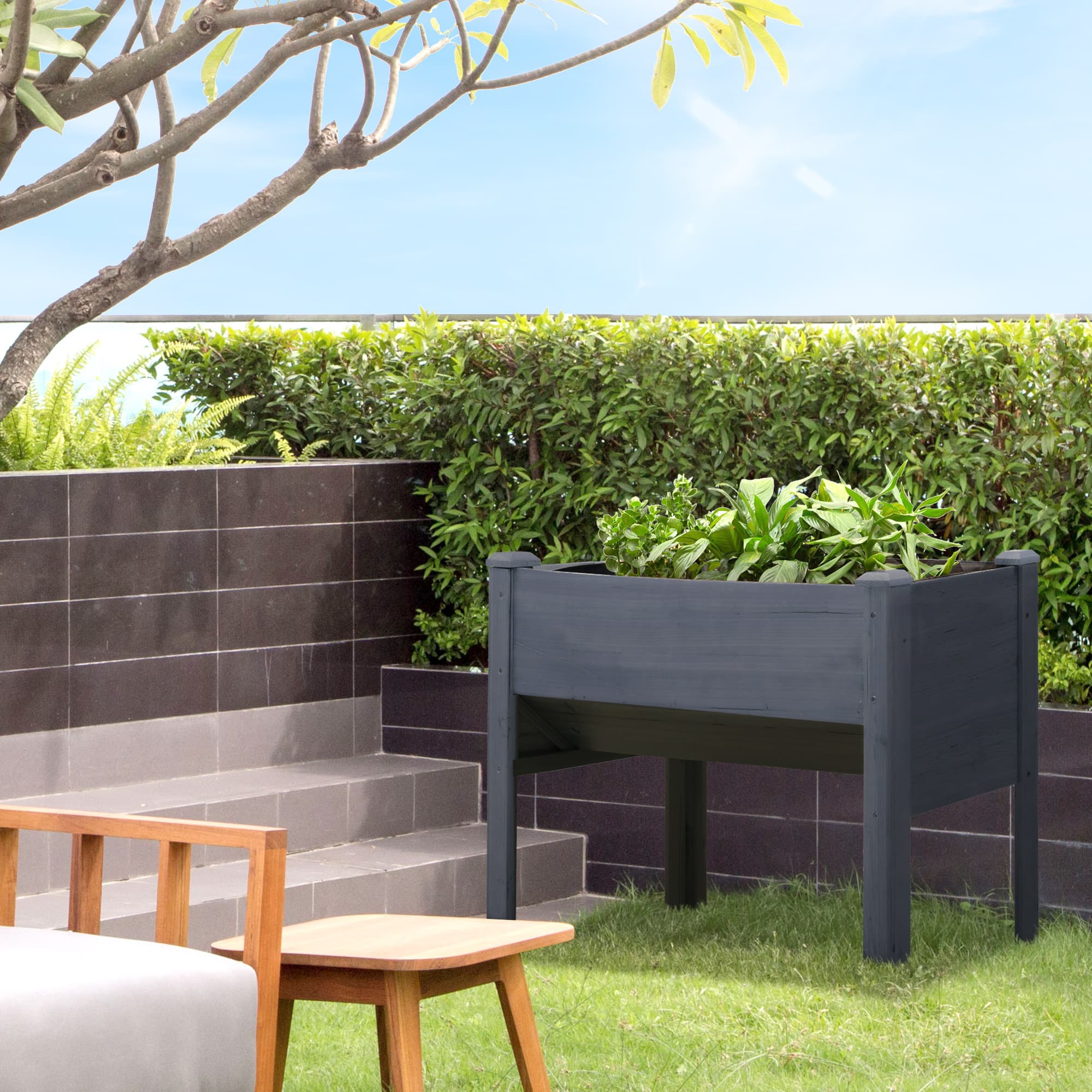 Outsunny Tall Wooden Plant Stand - Outdoor Raised Flower Bed Box with Hooks, 48"x24"x32", Grey | Aosom Canada