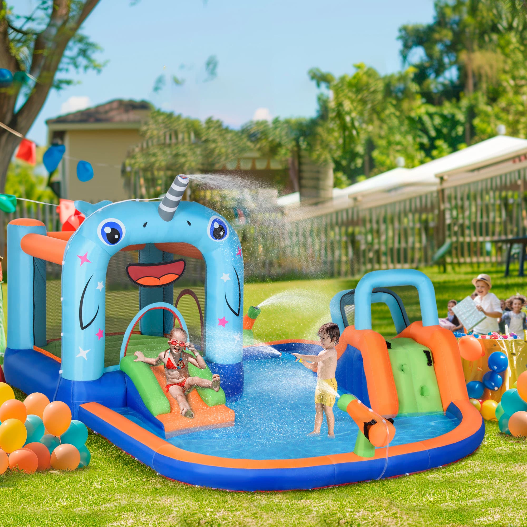 Outsunny Narwhals Style 5-in-1 Inflatable Water Slide Kids Bounce House with Trampoline Climbing Wall Slide Carry Bag | Aosom Canada