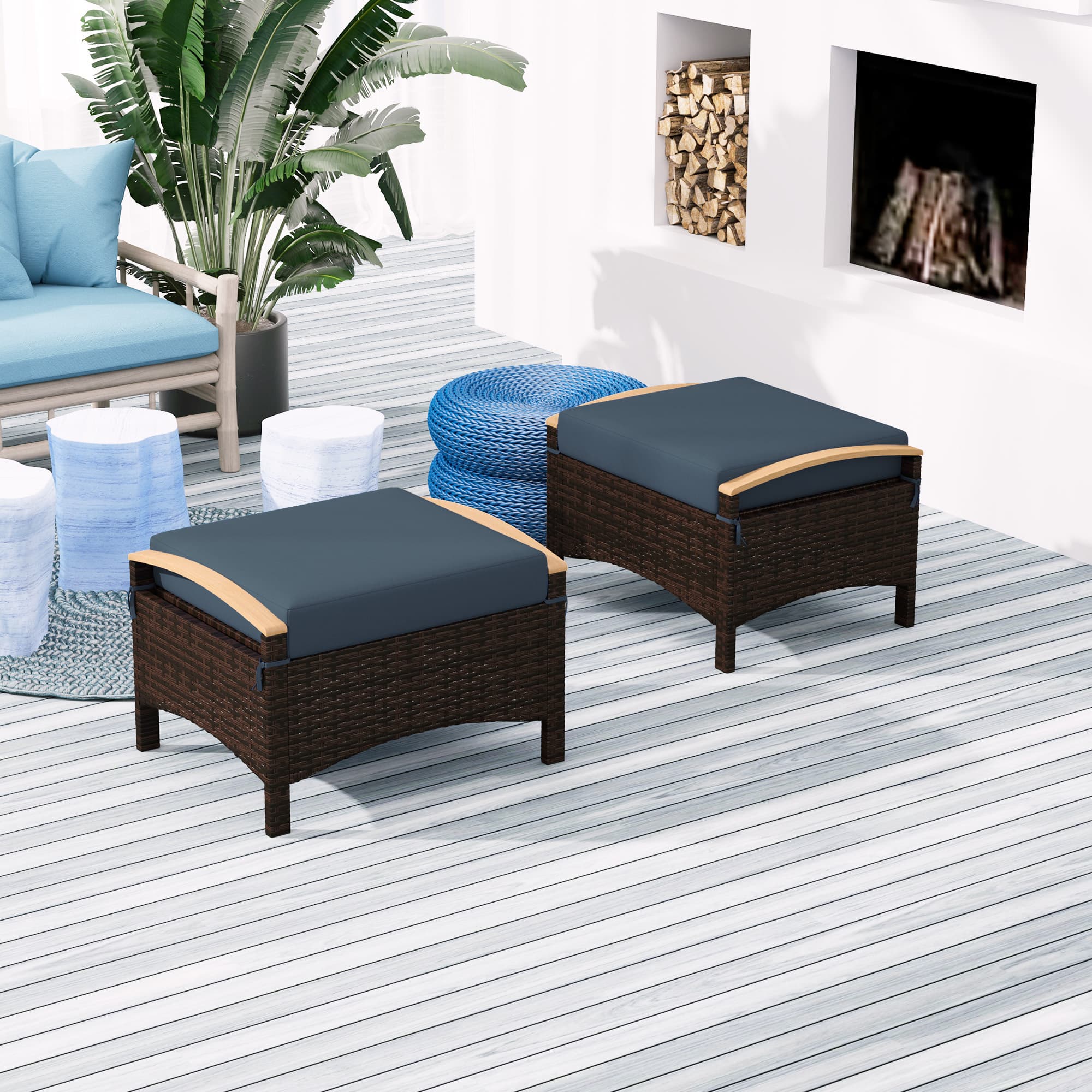 Outsunny 2 Pieces Wicker Outdoor Ottoman with Removable Cushion, Rattan Outdoor Footstool, Footrest and Side Table, Blue | Aosom Canada
