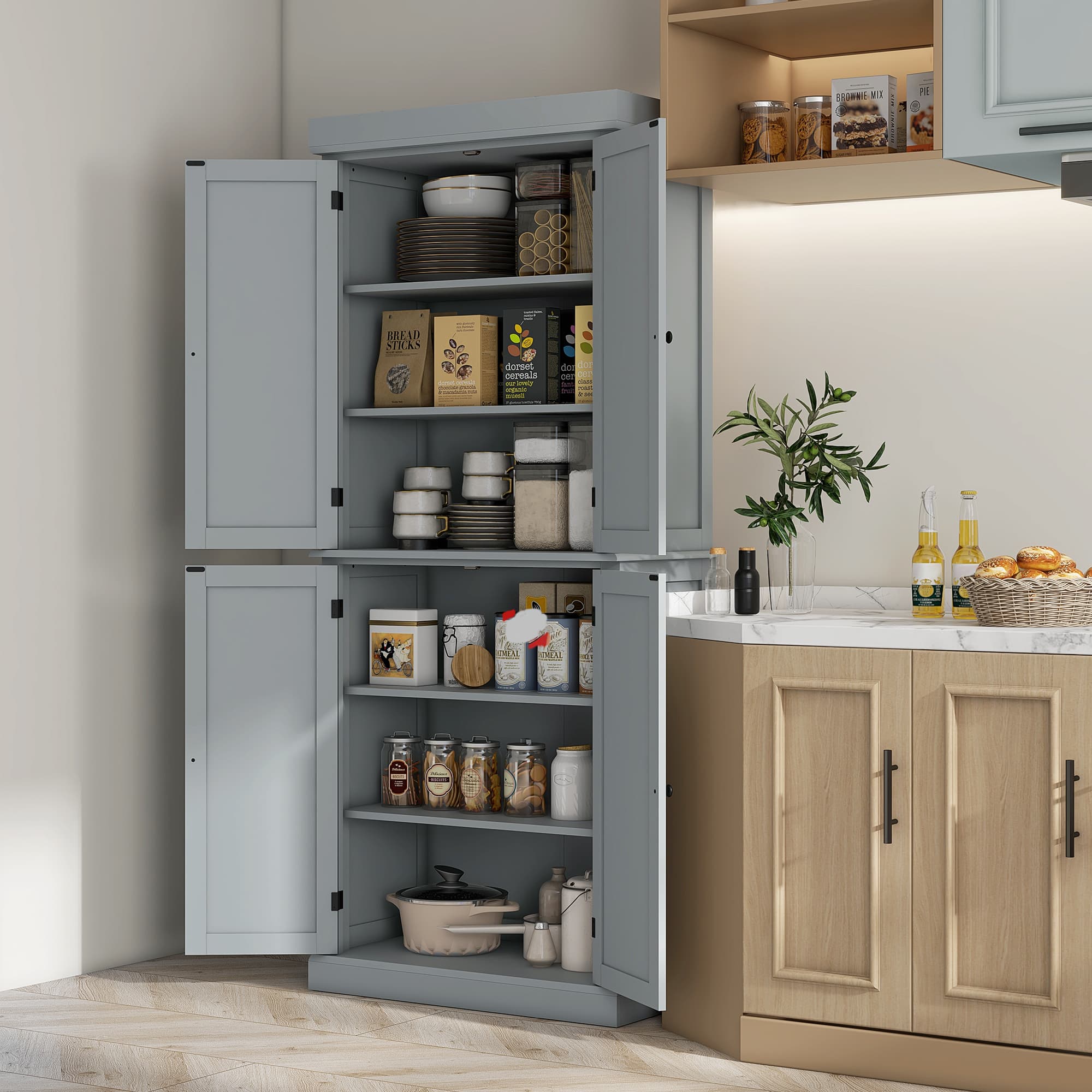 HOMCOM 72.5" Freestanding Kitchen Pantry Cabinet with 4 Doors, Grey | Aosom Canada