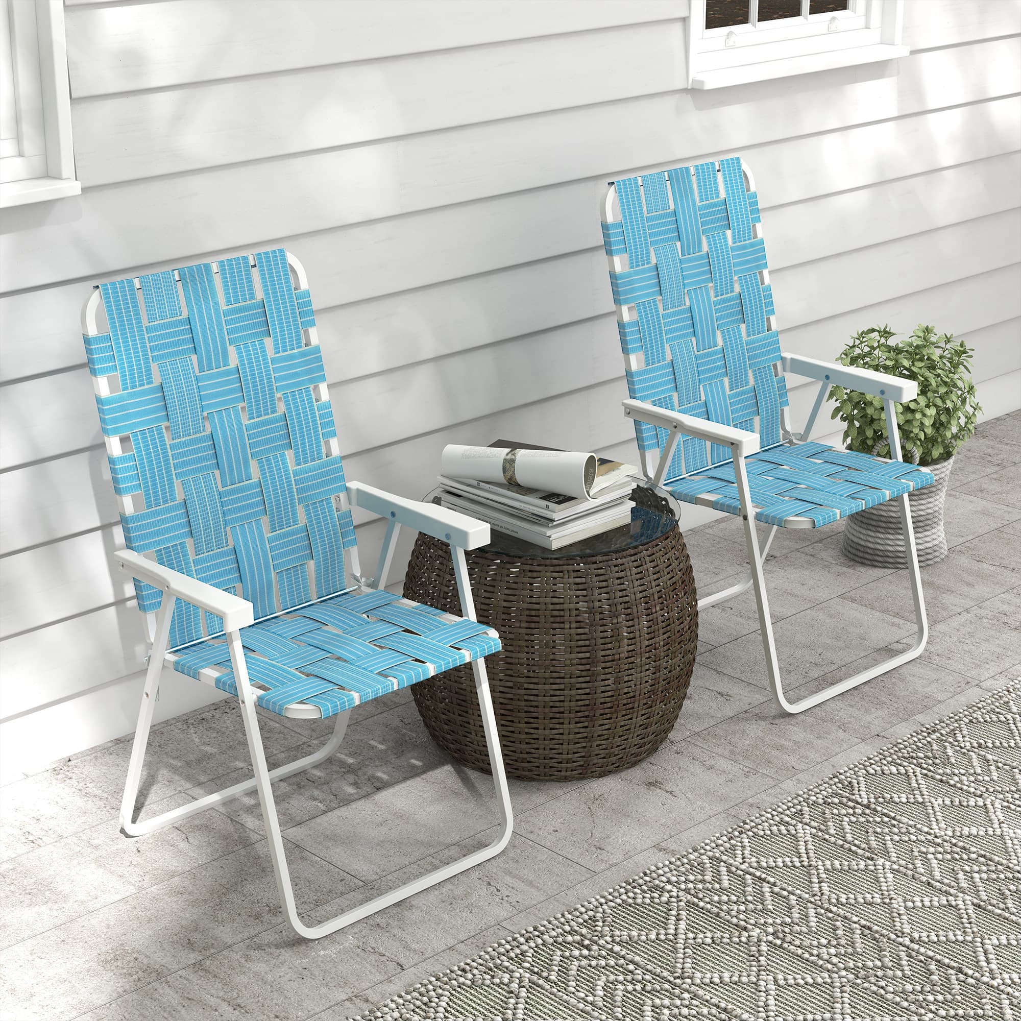 Outsunny Set of 2 Folding Patio Chairs, Classic Portable Chair Set, Outside Chairs with Armrests for Camping, Garden, Blue | Aosom Canada