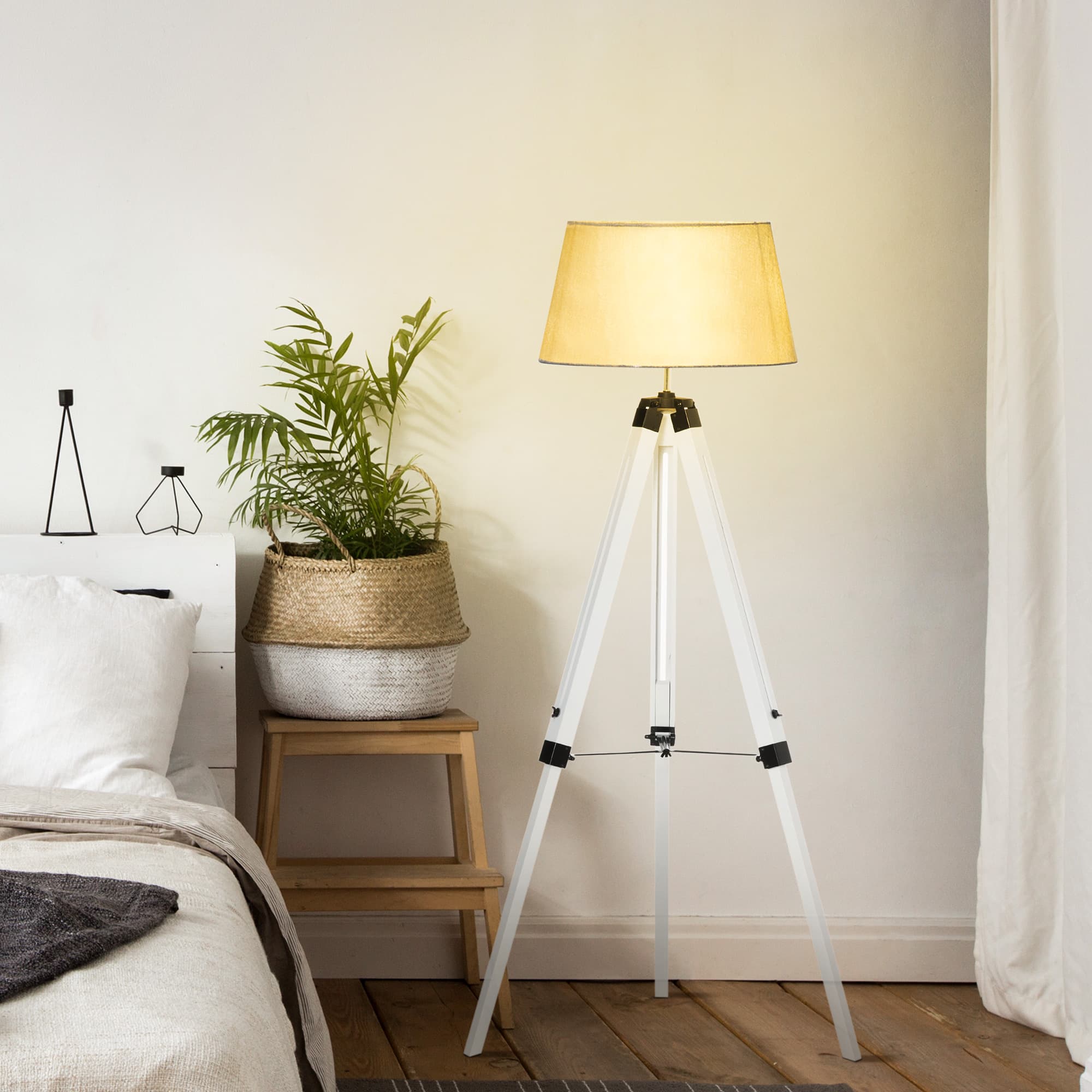 HOMCOM Illuminating Elegance: Adjustable Wooden Tripod Floor Lamp, Modern E26 Standing Light for Living Room, Bedroom, White & Grey | Aosom Canada
