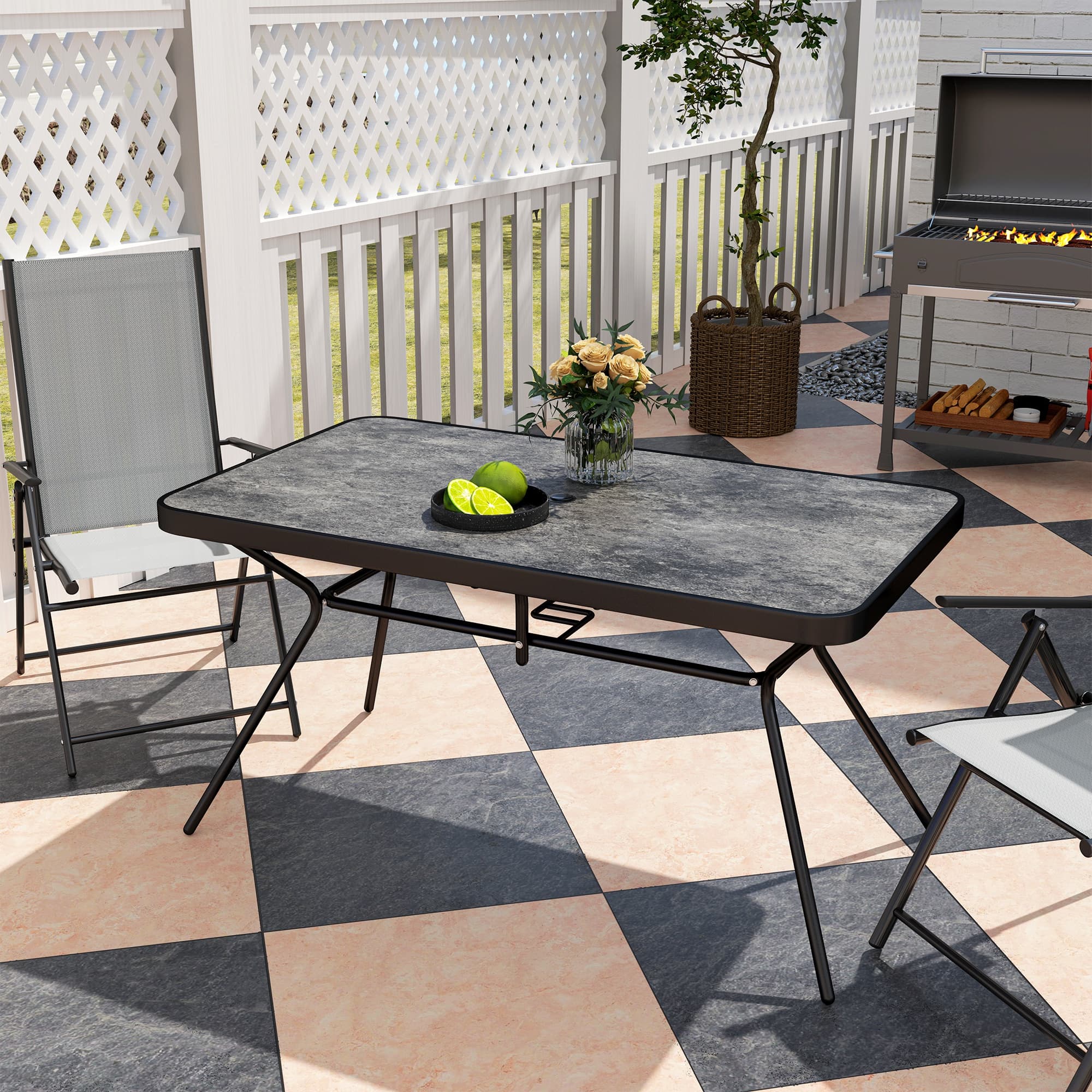 Outsunny Rectangle Outdoor Dining Table for 6, with 1.7" Umbrella Hole, Easy Clean DPC Plastic Tabletop, 55" x 31.5" x 28" | Aosom Canada
