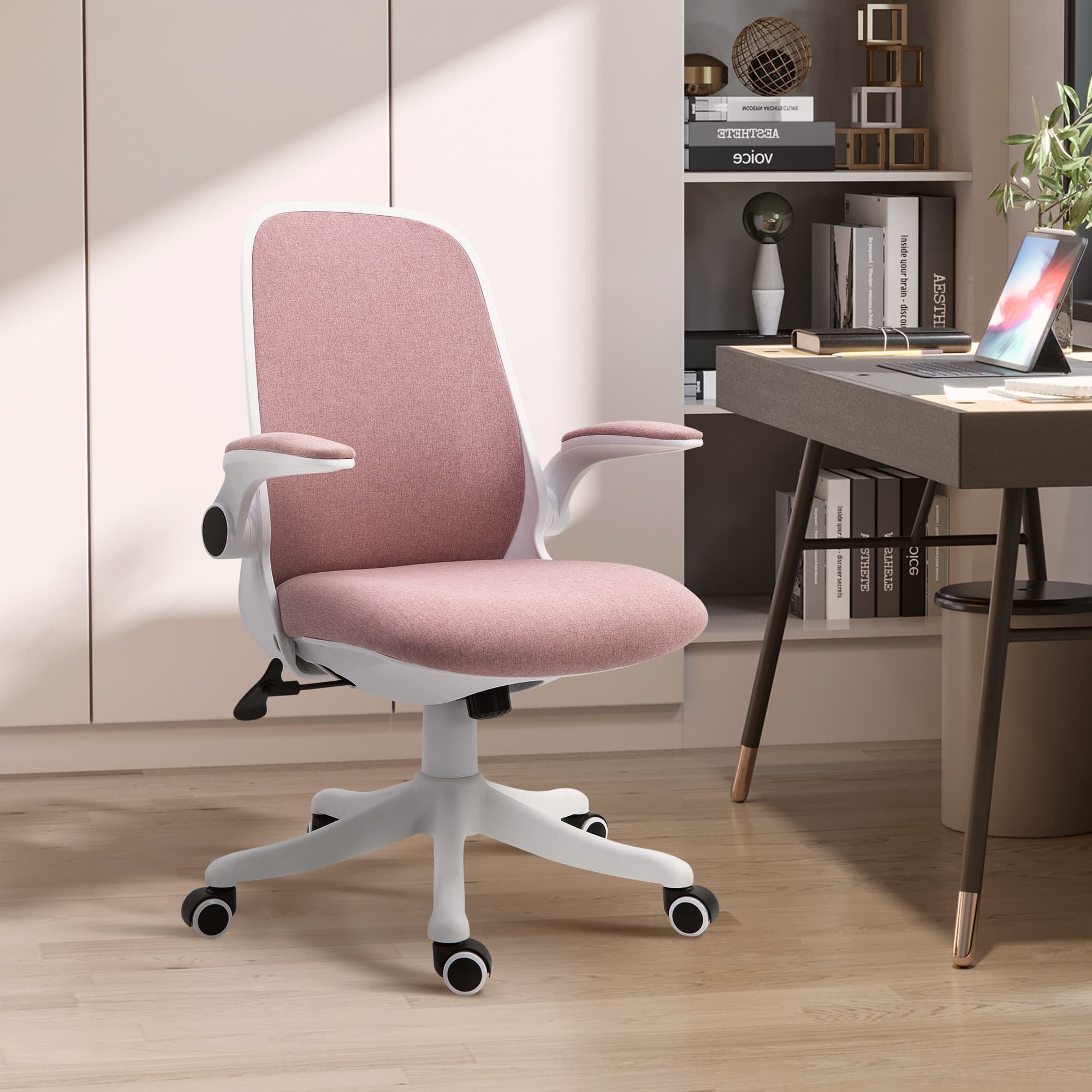 Vinsetto Breathable Fabric Office Chair 360° Swivel Task Chair with Flip-up Arms Adjustable Height Desk Chair Pink | Aosom Canada