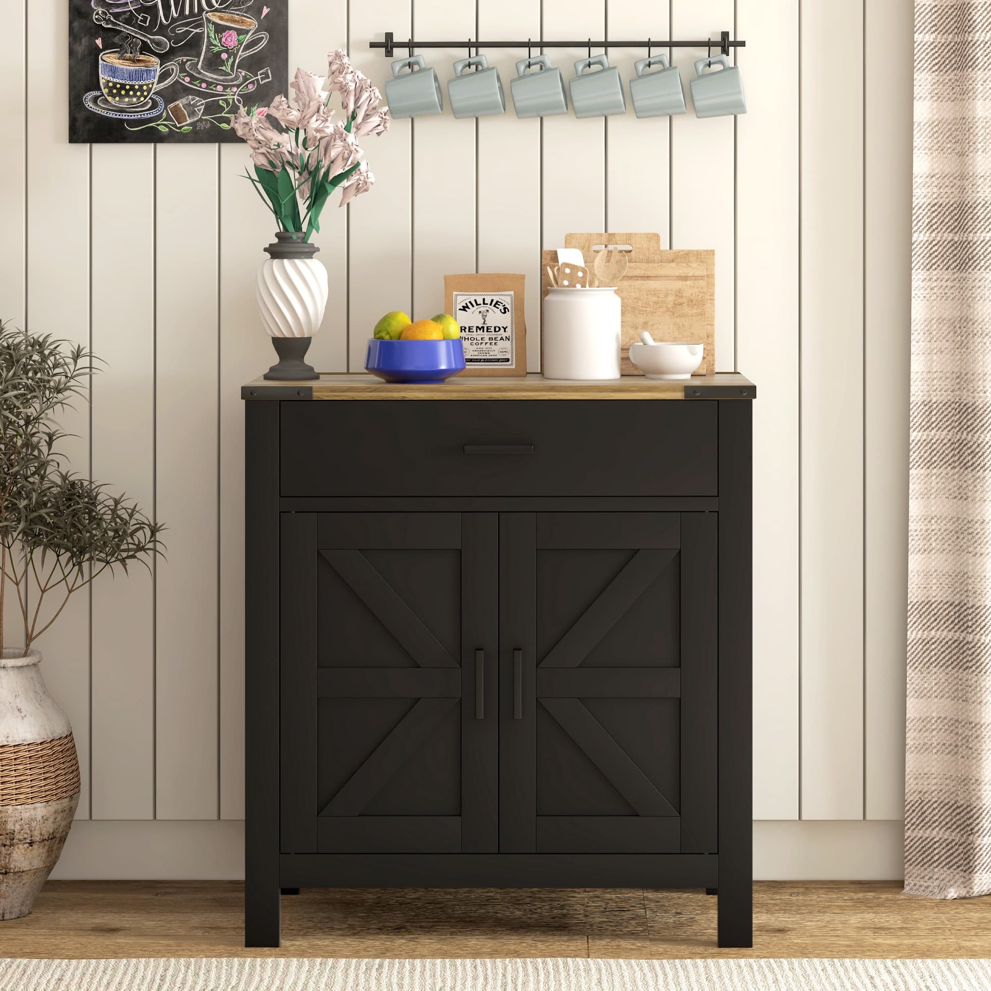 HOMCOM Farmhouse Buffet Cabinet Sideboard with 1 Drawer, 1 Storage Cabinet and Adjustable Shelf, Black | Aosom Canada