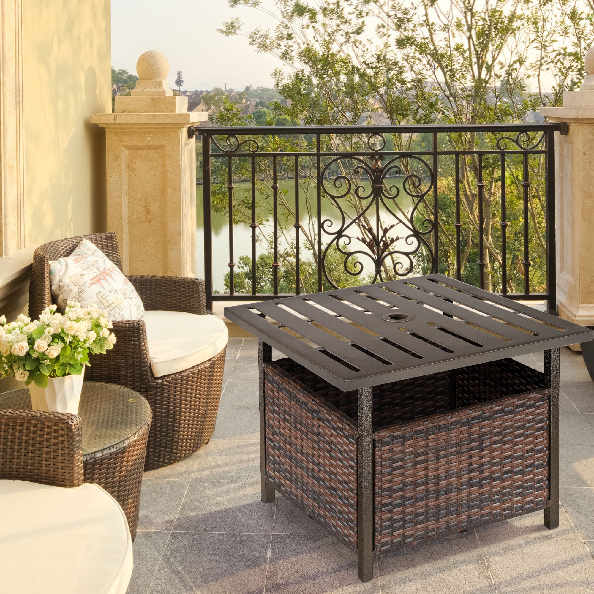 Outsunny Rattan Wicker Patio Coffee Table Outdoor Furniture with Umbrella Hole for Garden Backyard Brown | Aosom Canada