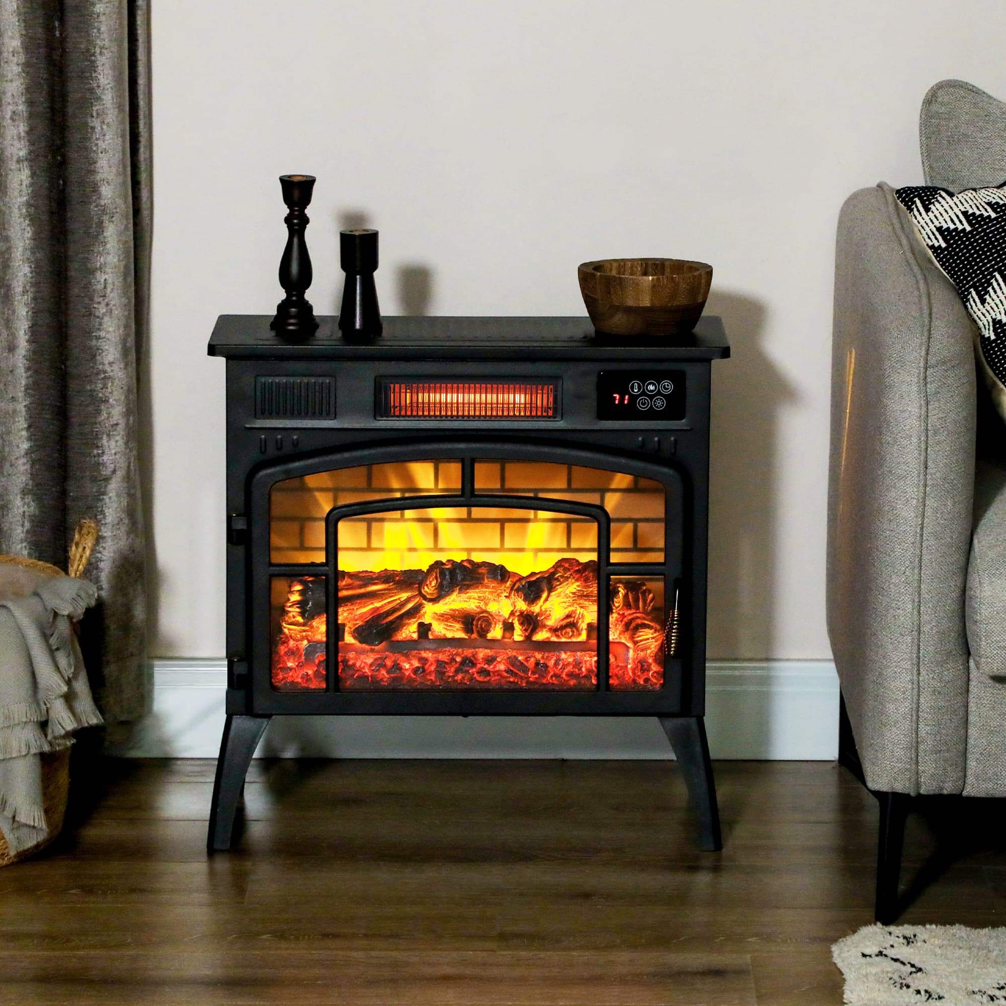 HOMCOM Electric Fireplace Stove, Infrared Fireplace Heater with Realistic Flame, Adjustable Temperature, 1500W, Black | Aosom Canada