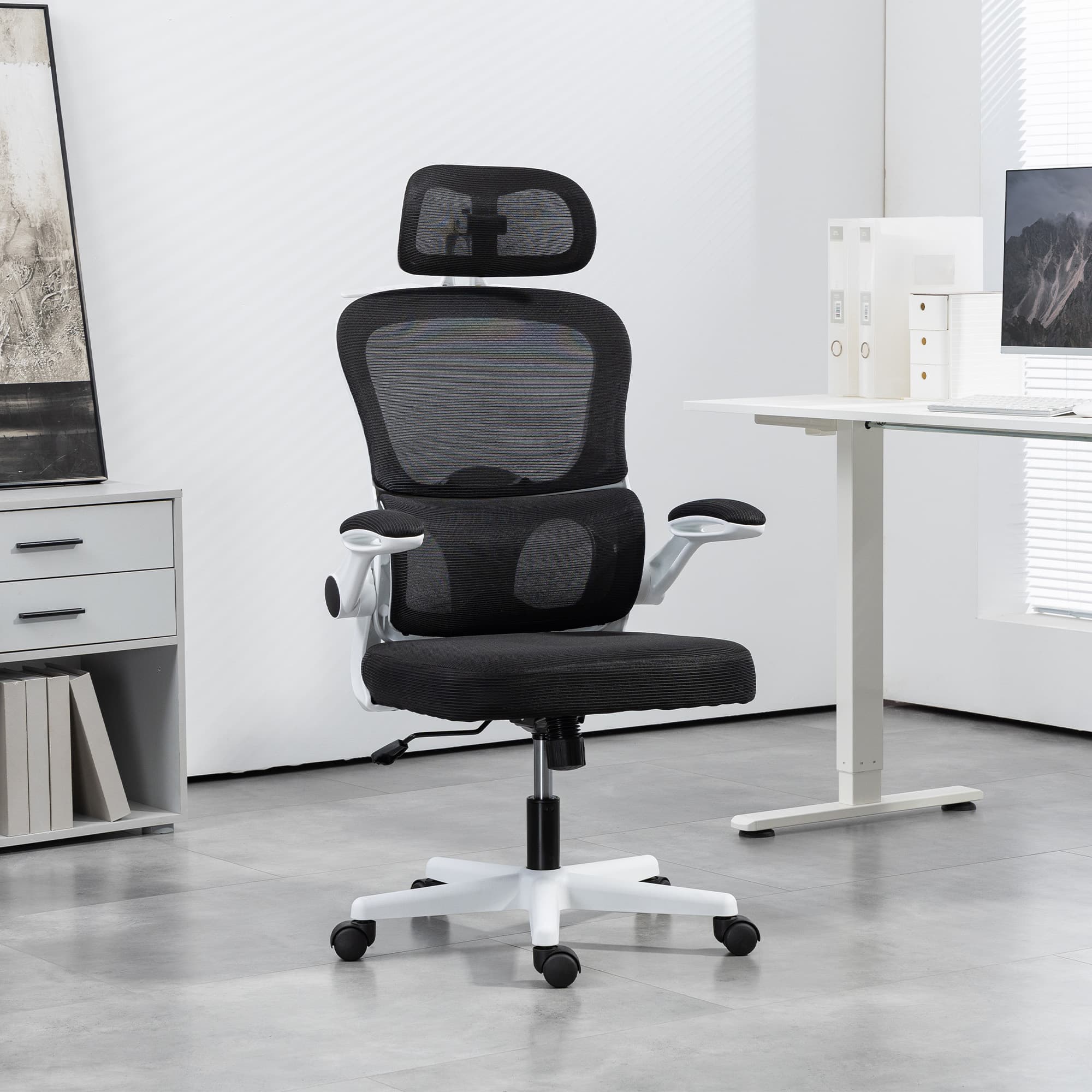 HOMCOM Mesh Office Chair, Ergonomic Desk Chair with Flip-up Armrest, Rotatable Headrest, Adjustable Lumbar Support, Black | Aosom Canada
