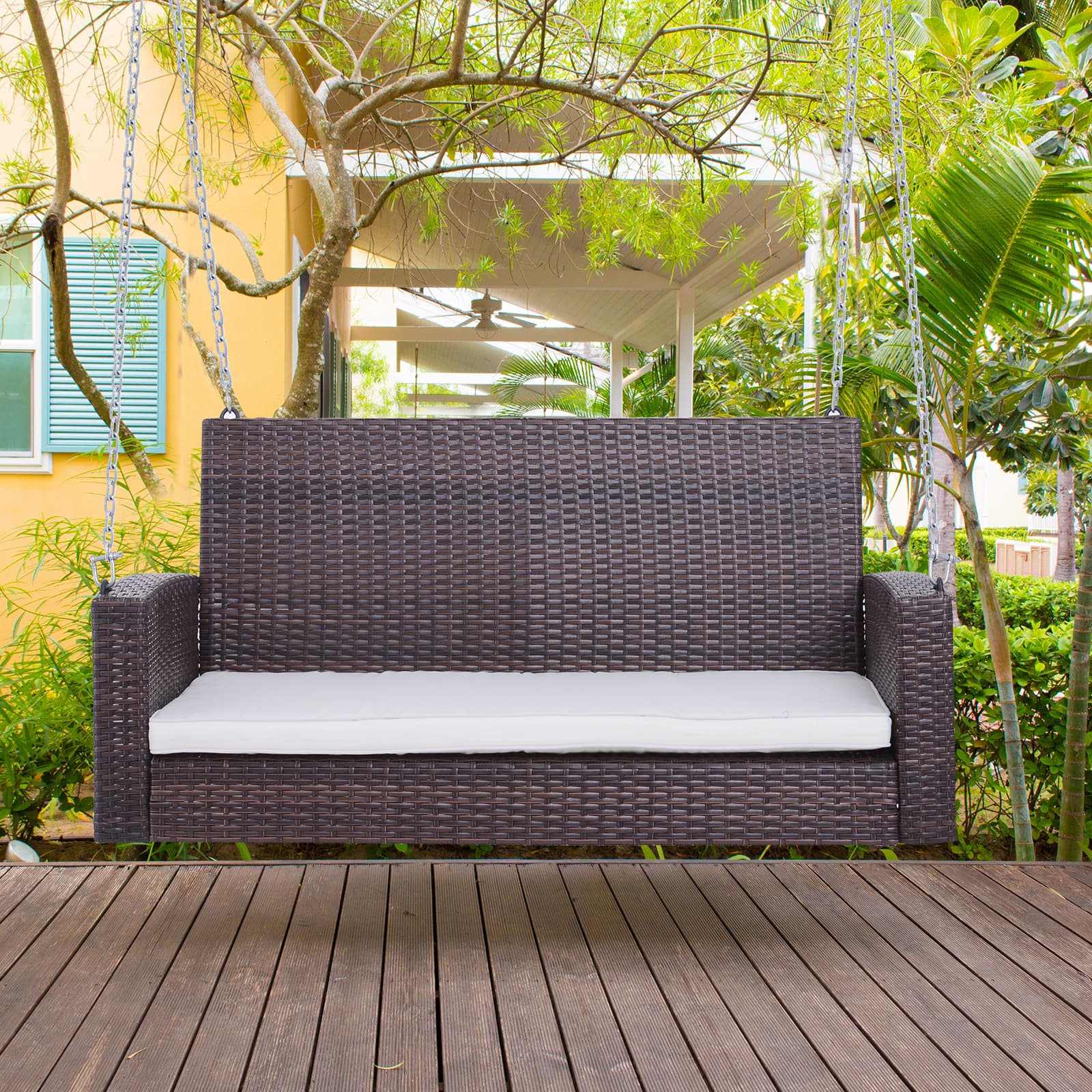 Outsunny Wicker Porch Swing Chair 2-Person Garden Hanging Bench Cushion Outdoor Rattan Double Hammock Sun Lounge White | Aosom Canada