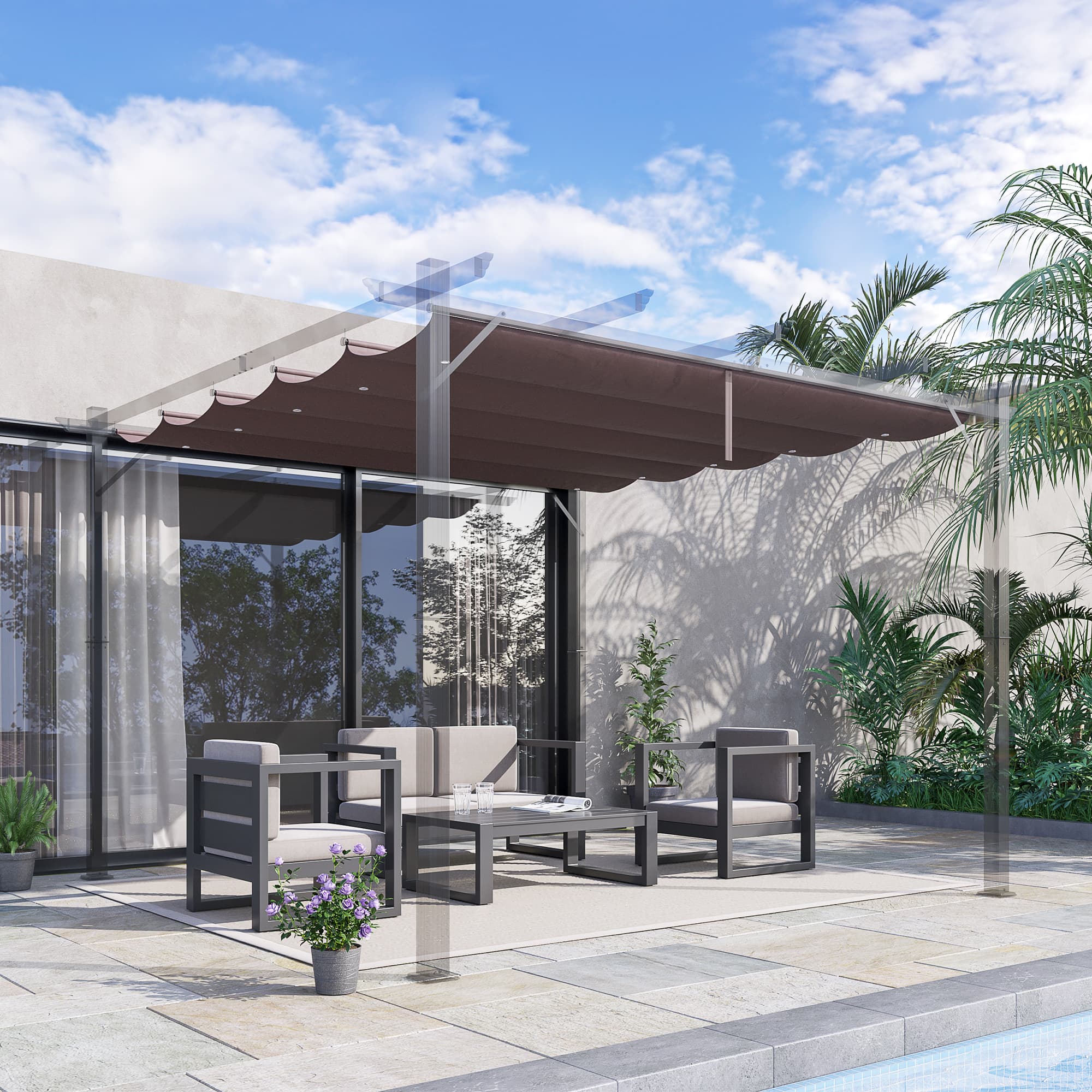 Outsunny Pergola Canopy Replacement 9.8'x9.8', Retractable Cover, Durable Fabric, Coffee - Upgrade Your Outdoor Space | Aosom Canada