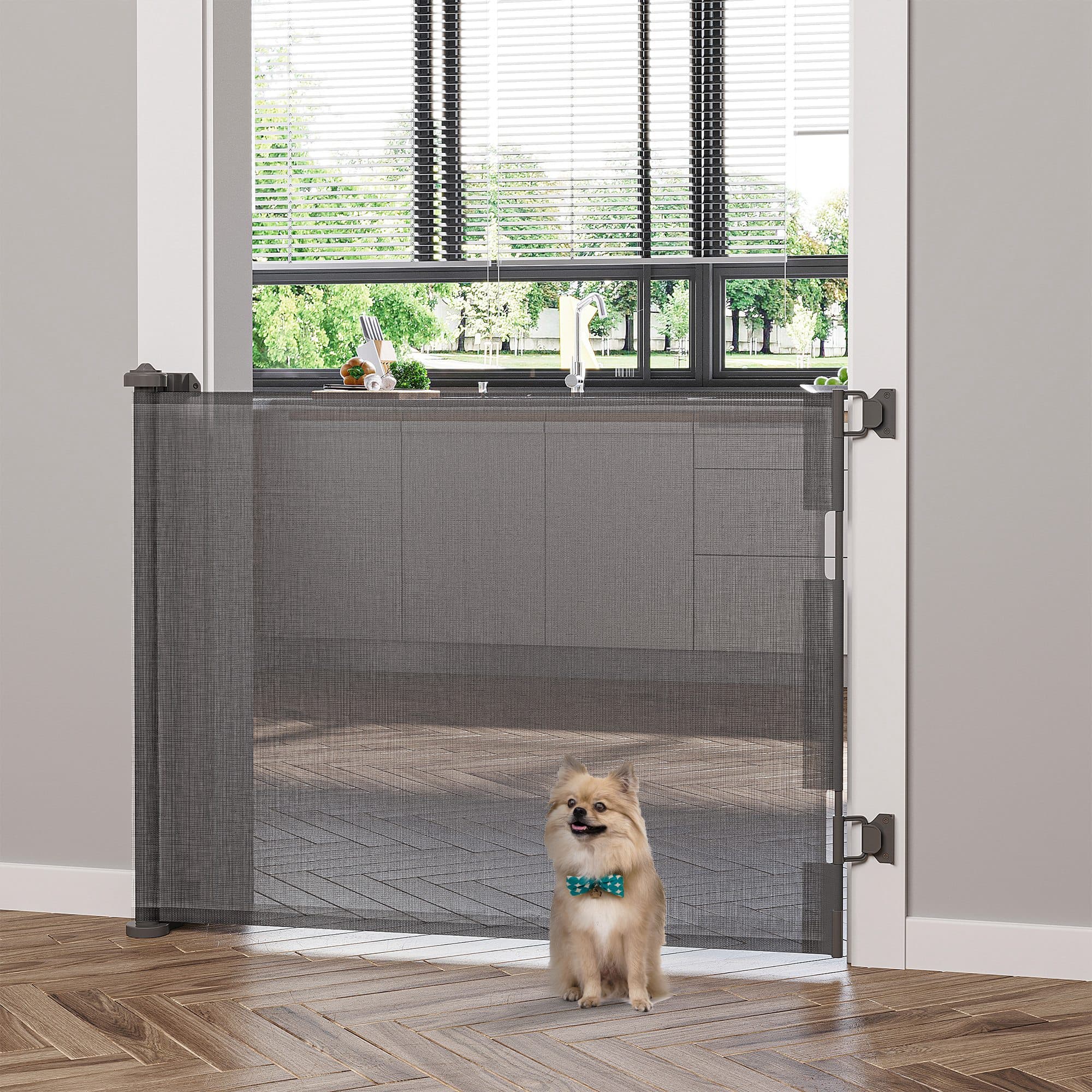 PawHut Retractable Mesh Pet Barrier: 33.5" Tall Grey Gate Extends to 59.1" Wide for Single Hand House Access | Aosom Canada