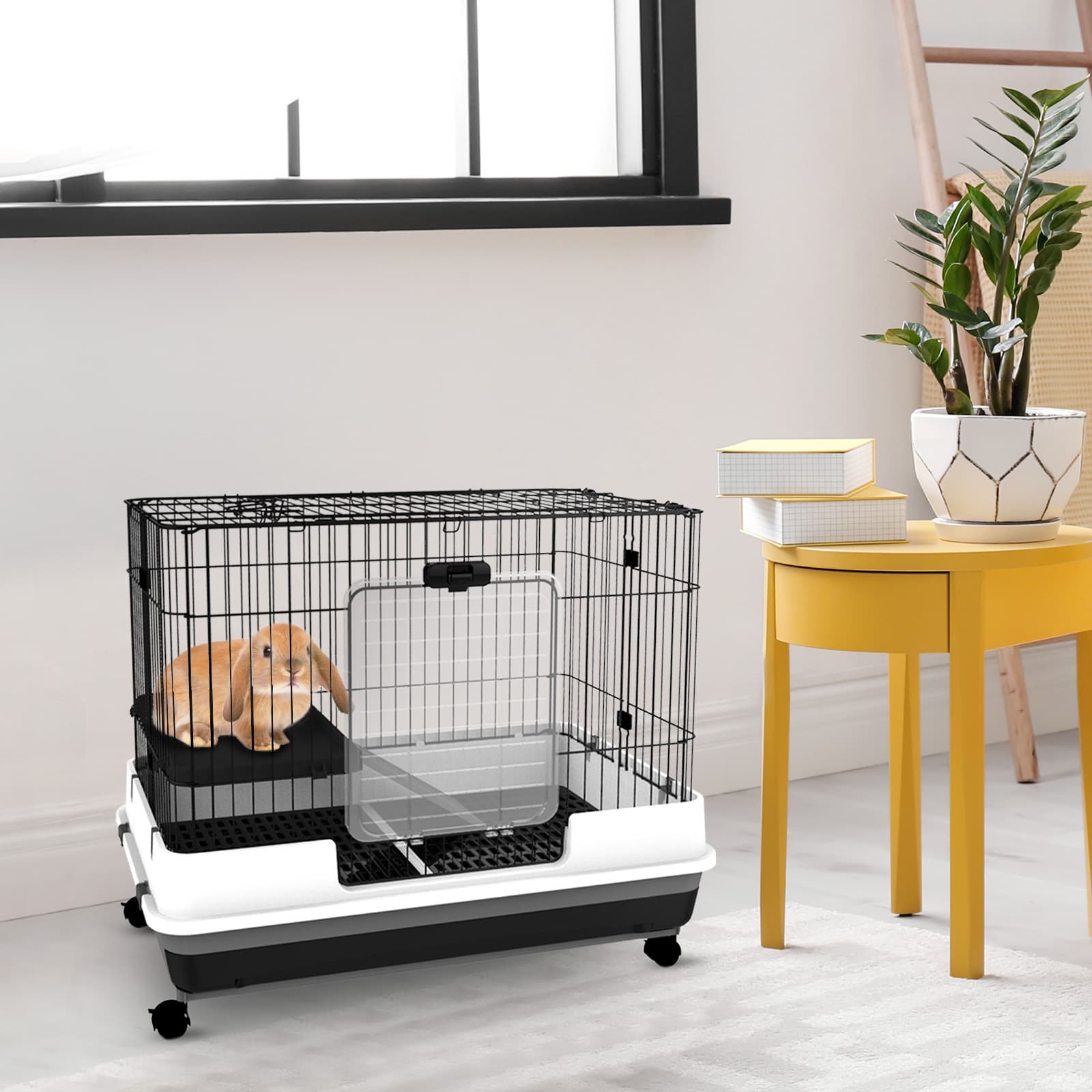 PawHut Rabbit Cage Rolling Small Animal House Bunny Habitat Pull Out Tray w/ Wheels Pet Furniture | Aosom Canada