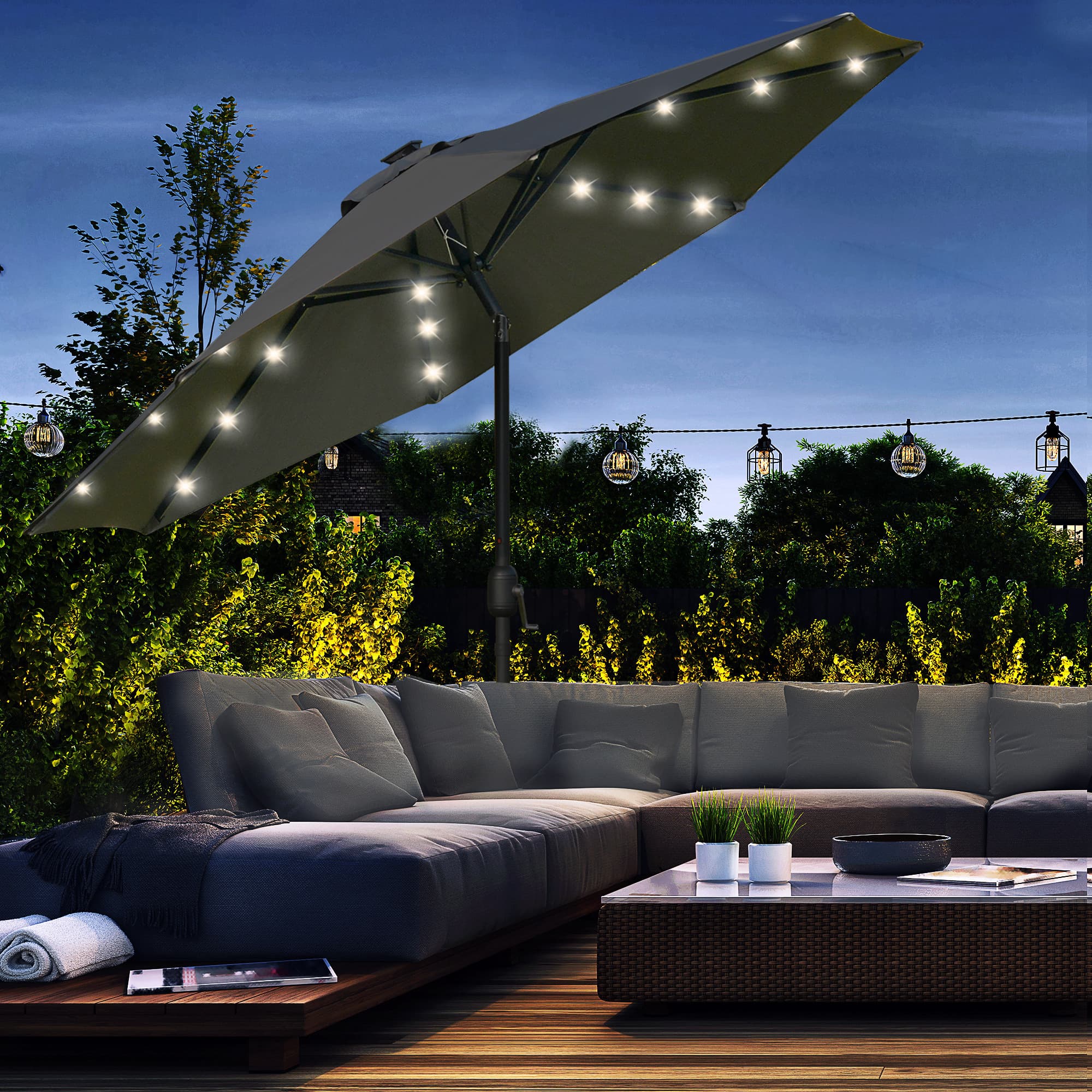 Outsunny Solar Twilight Canopy: 9ft Outdoor Sunshade with 24 LED Lights, Tilting Umbrella Charcoal Grey | Aosom Canada