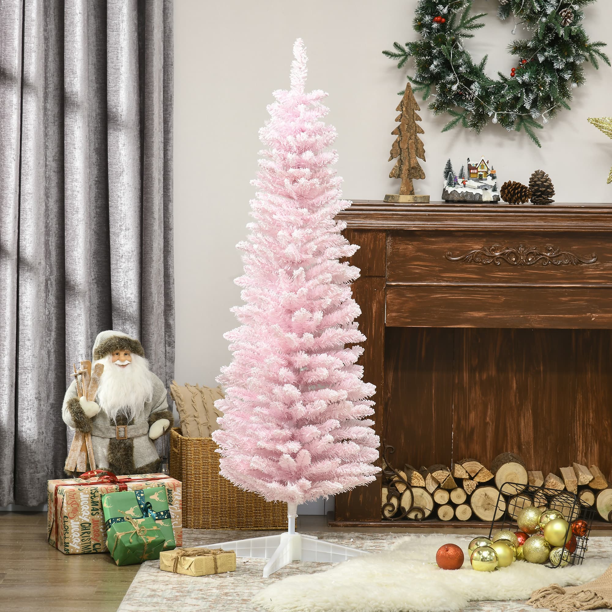HOMCOM 5ft Flocked Christmas Tree, Pencil Artificial Christmas Tree with Realistic Branches, Pink | Aosom Canada