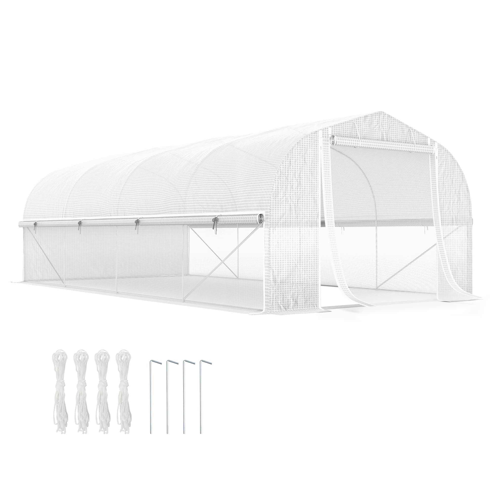 Outsunny 19.5' x 10' x 6.6' Tunnel Greenhouse Outdoor Green House with Roll-up Mesh Sidewalls, Mesh Door, Galvanized Steel, White | Aosom Canada