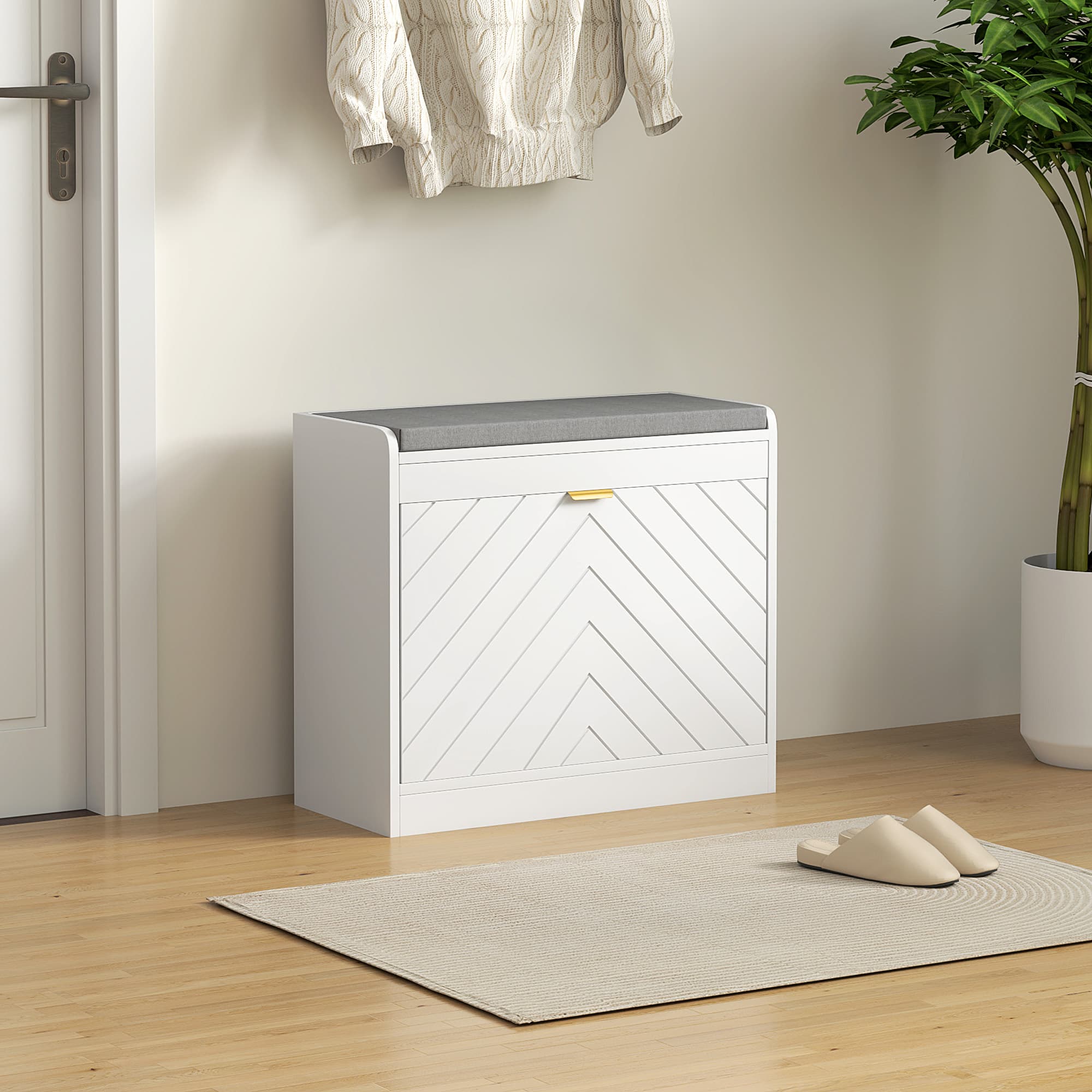 HOMCOM Shoe Storage with Seat, Upholstered Hallway Bench, Shoe Bench with Flip Drawer and Vent for 5 Pairs of Shoes | Aosom Canada