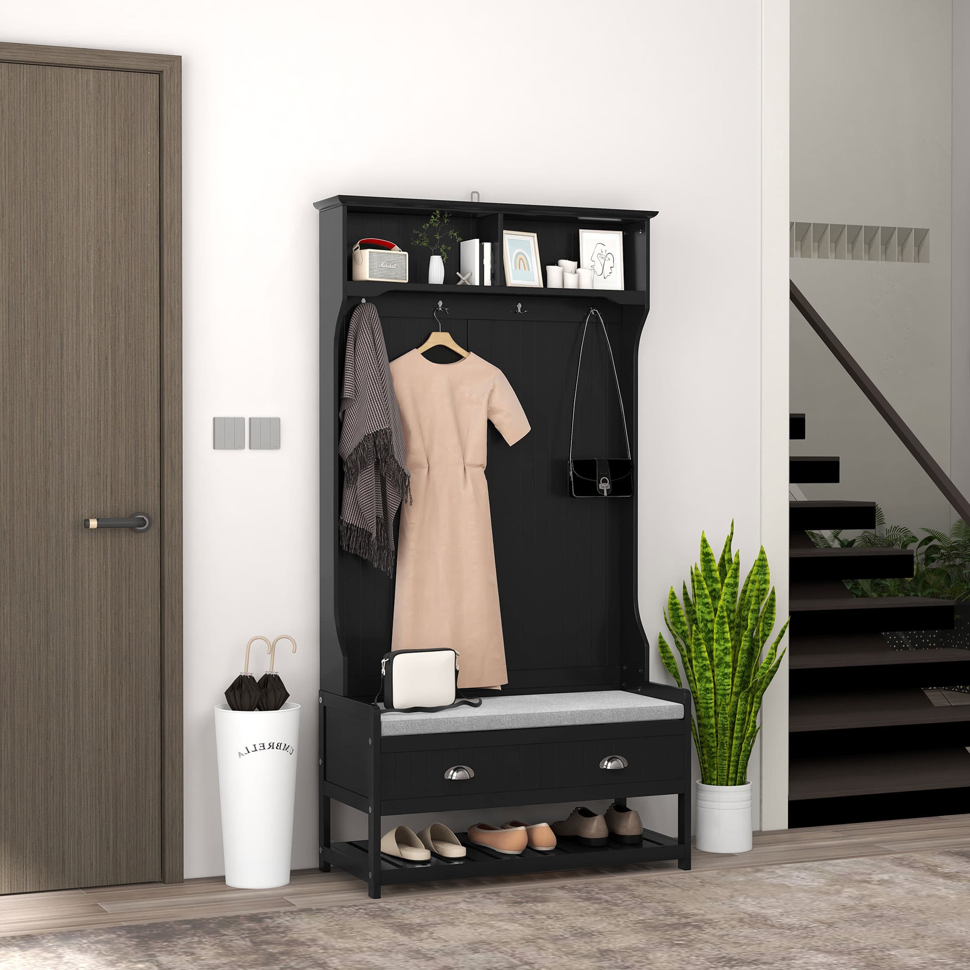 HOMCOM Coat Rack Shoe Bench, Hall Tree with Bench and Shoe Storage, Entryway Bench with 4 Hooks, 2 Drawers, 2 Shelves, Black | Aosom Canada